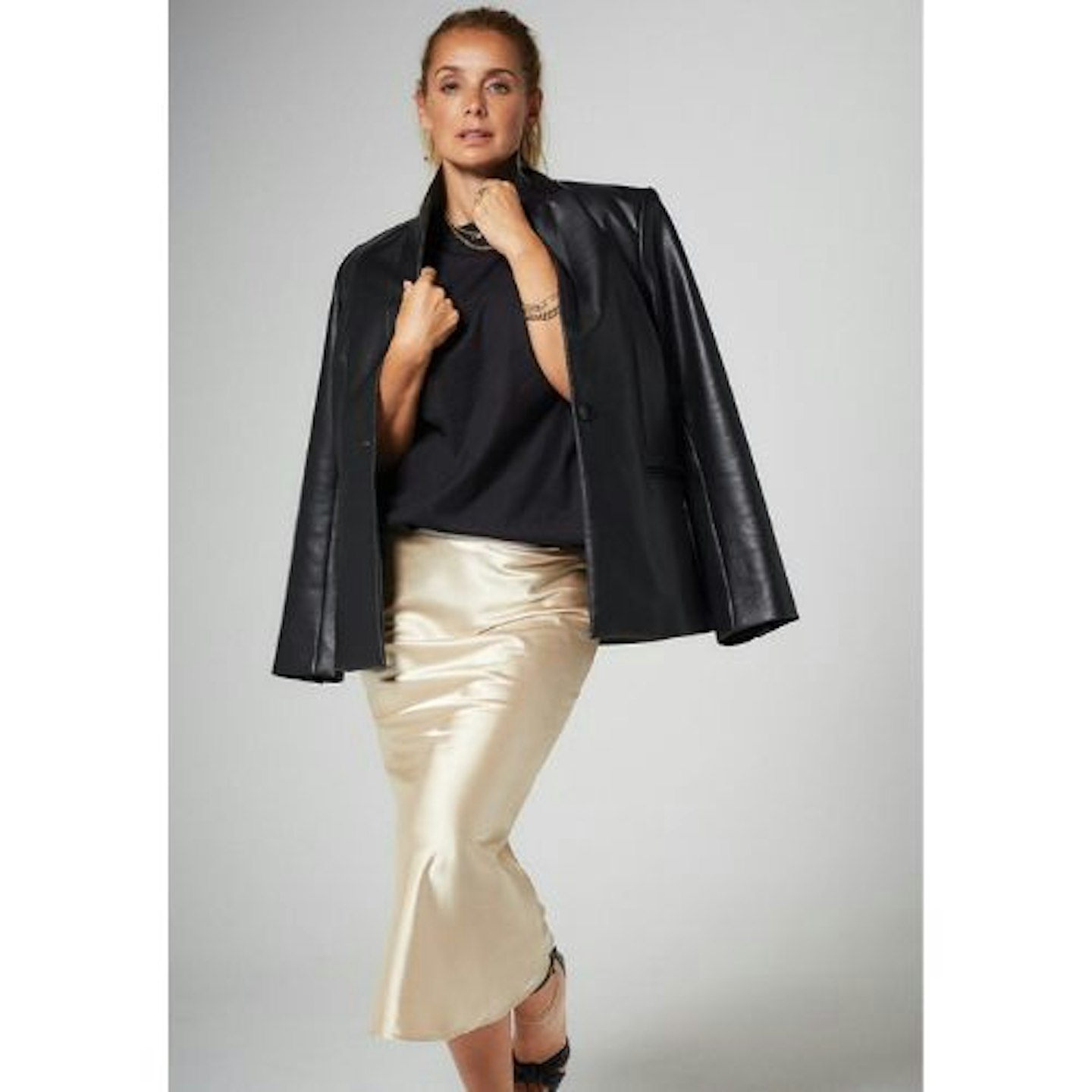 Womens Cream Satin Midi Skirt