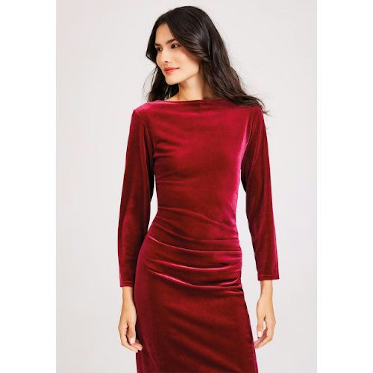 Womens Red Velvet Ruched Midi Dress