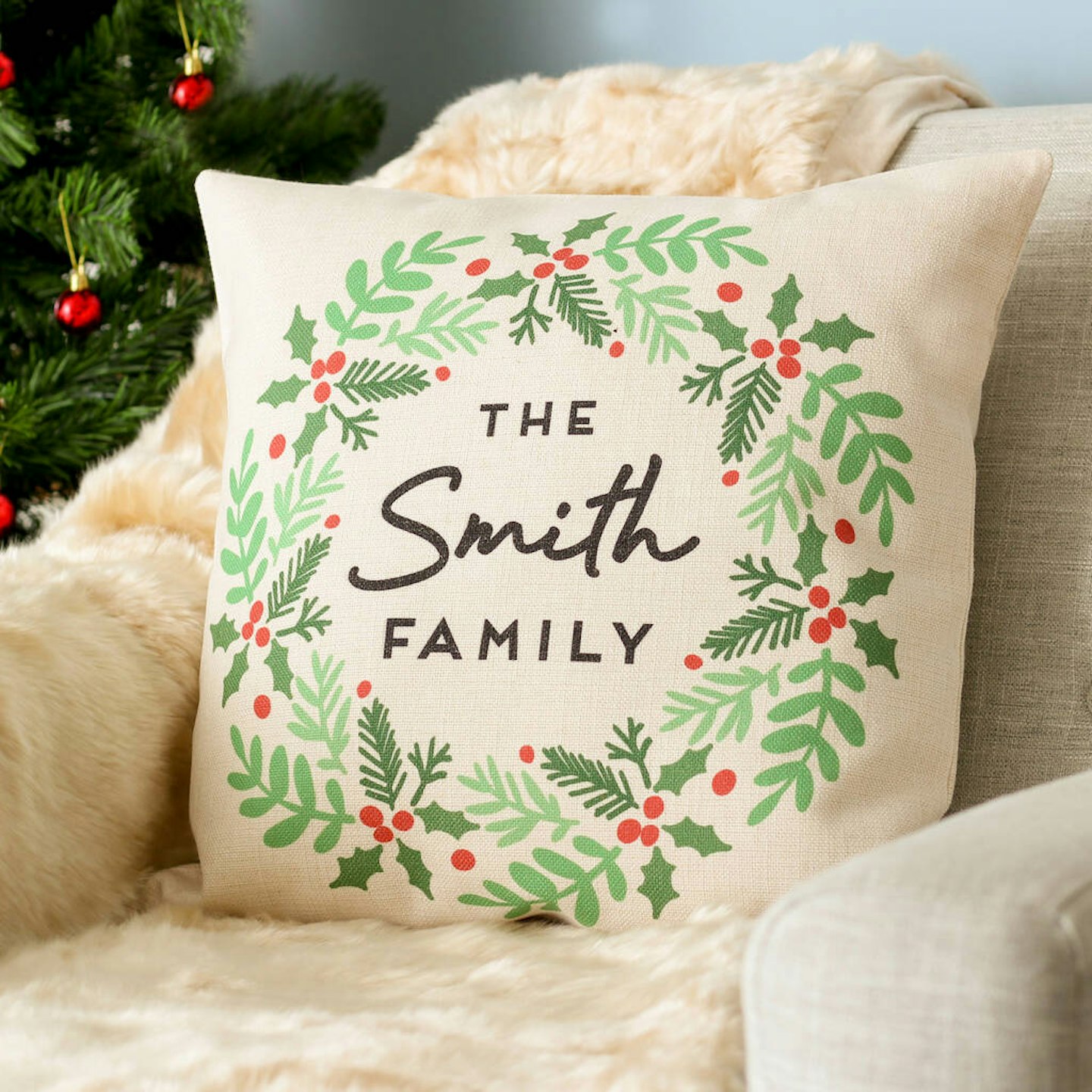 Personalised Christmas Family Wreath Decoration Cushion