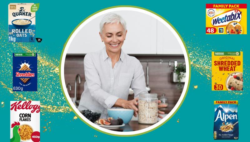 Woman with a pot of cereal surrounded by boxes of cereal