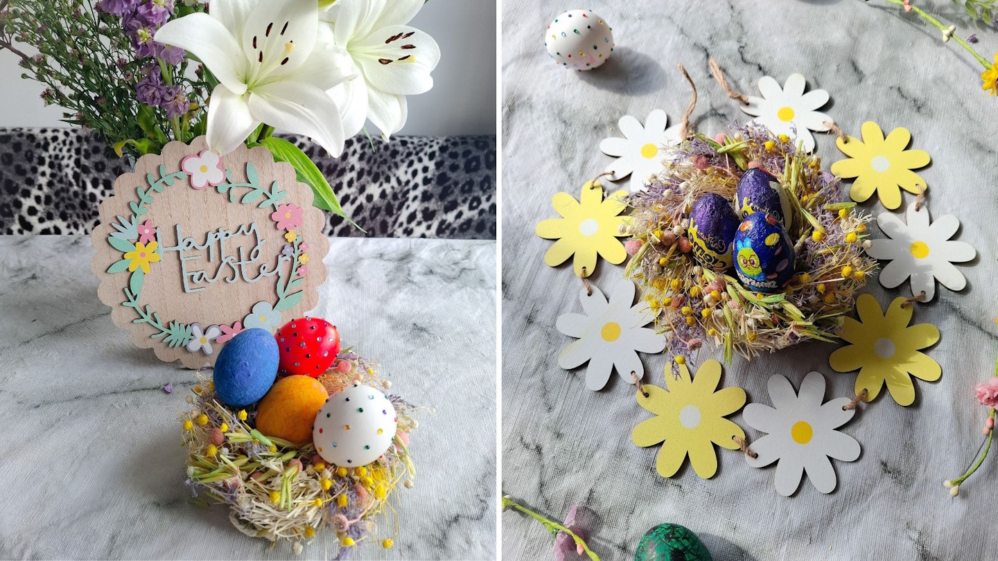 Hobbycraft Easter decorations, hand-painted homemade Easter eggs, chocolate mini eggs