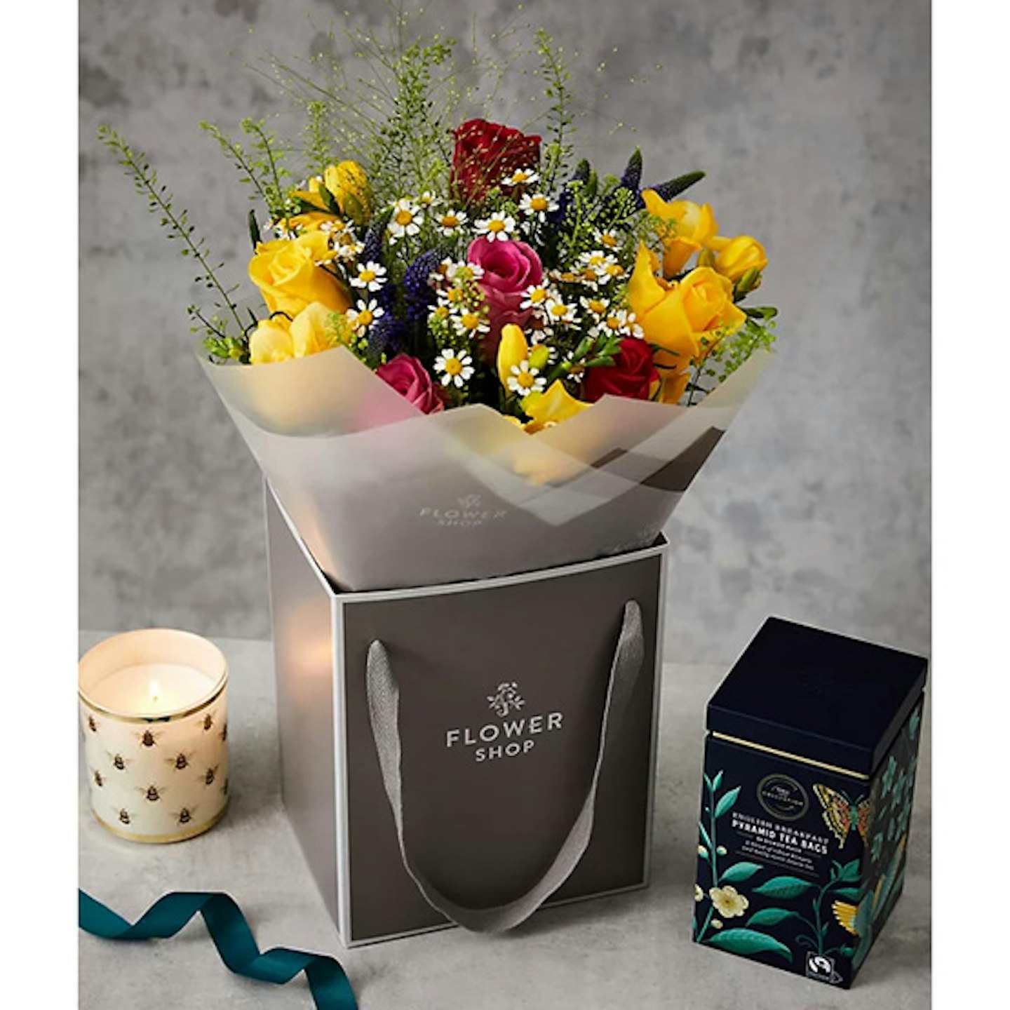 Brighten Your Day Bouquet, Tea & Candle Gift 