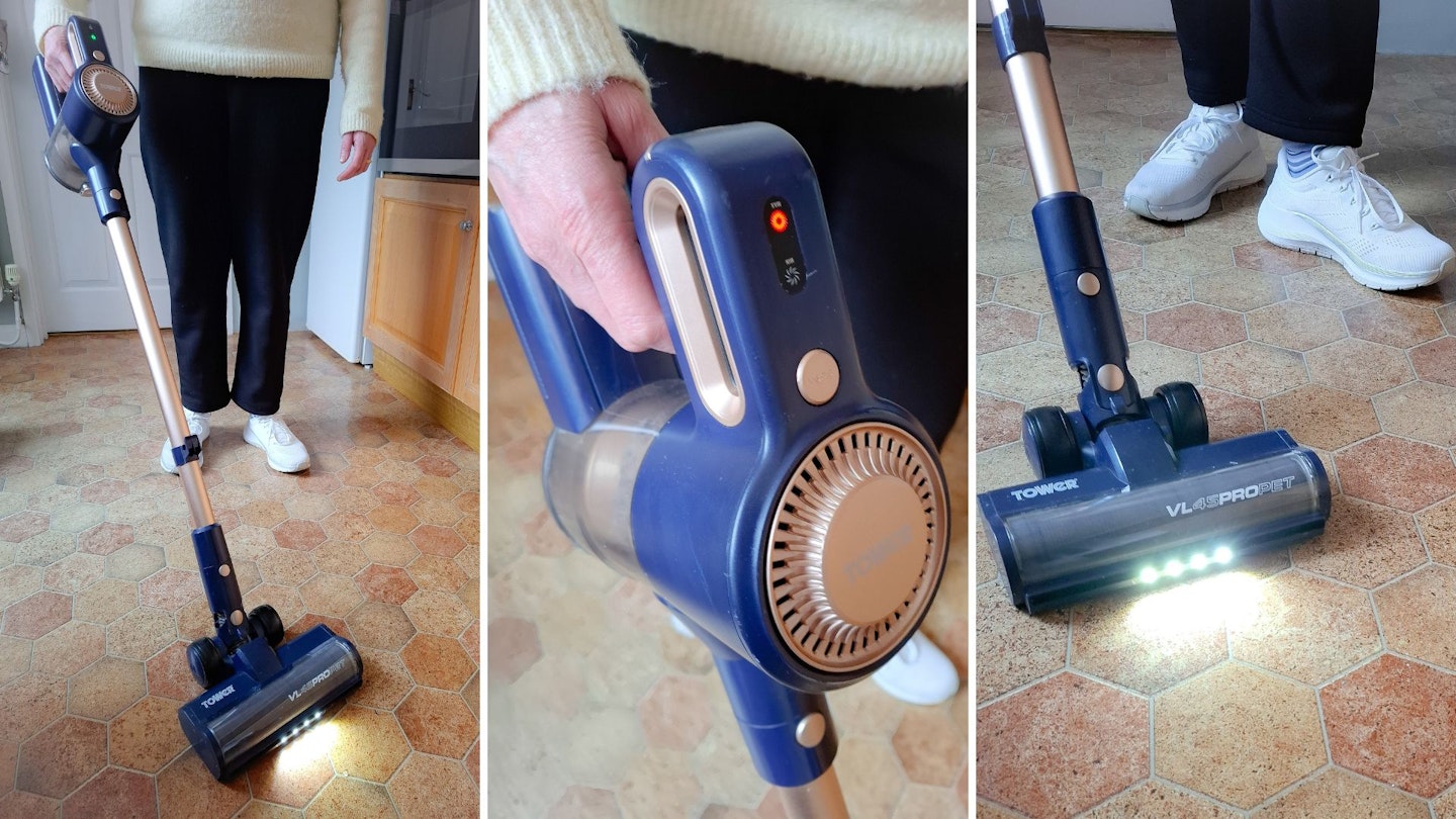 three photos showing a cordless vacuum cleaner in a kitchen on laminate flooring, close up of headlights on brush head and the handle, plus a full length photo