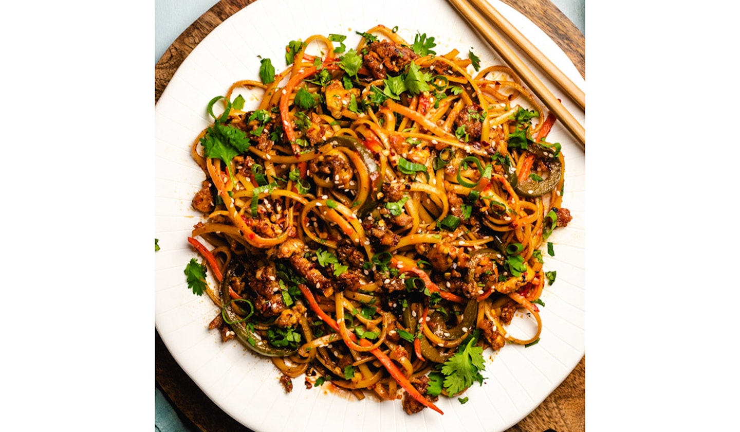 Chilli garlic noodles with crispy tofu