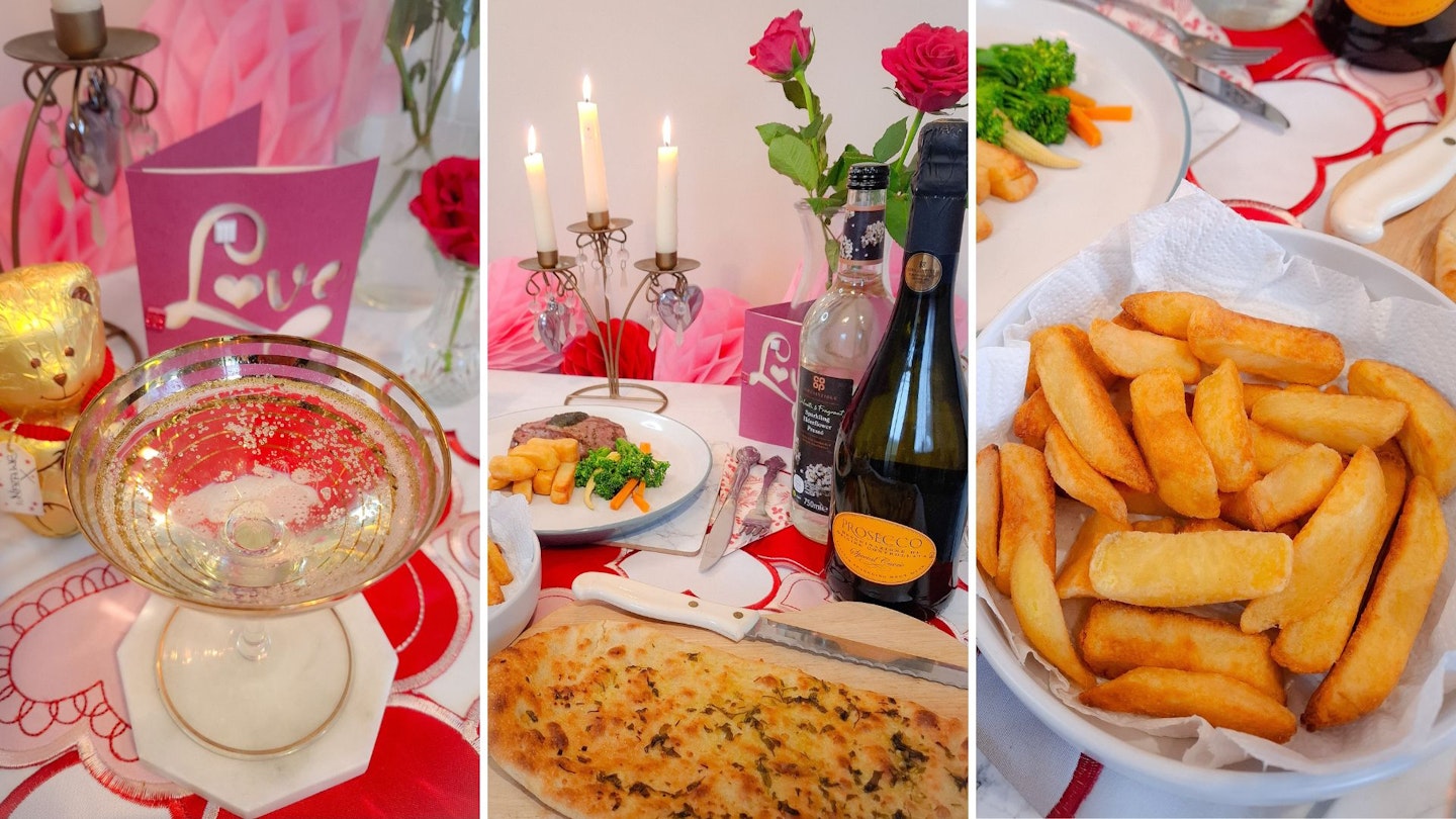 sparkling prosecco in a glass, garlic flatbread, candles, roses and chunky chips. A romantic tablescape for Valentine's.