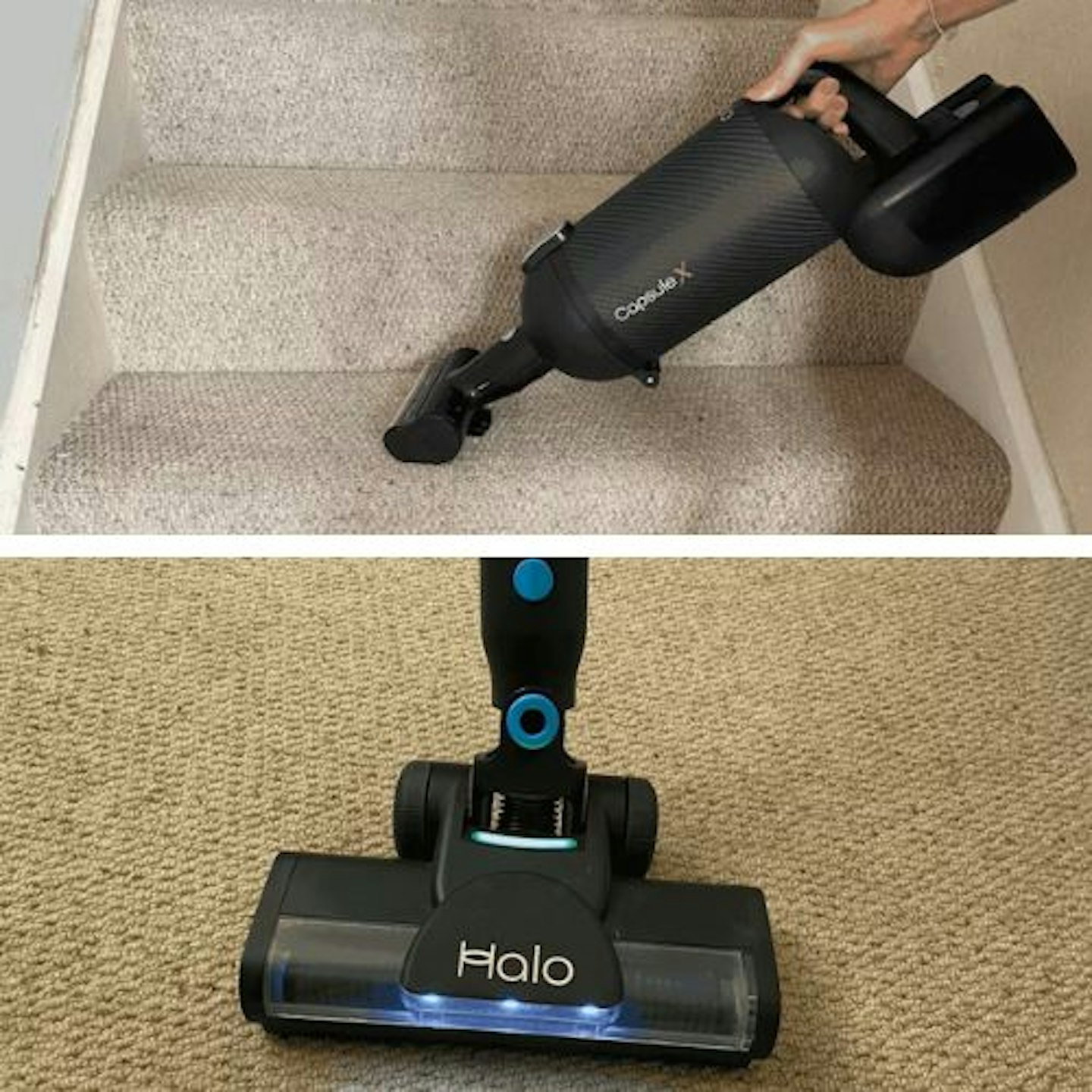 two photos, one showing the Halo Capsule X Cordless Vacuum as a handheld on stairs, plus a close-up of the brushhead on carpet
