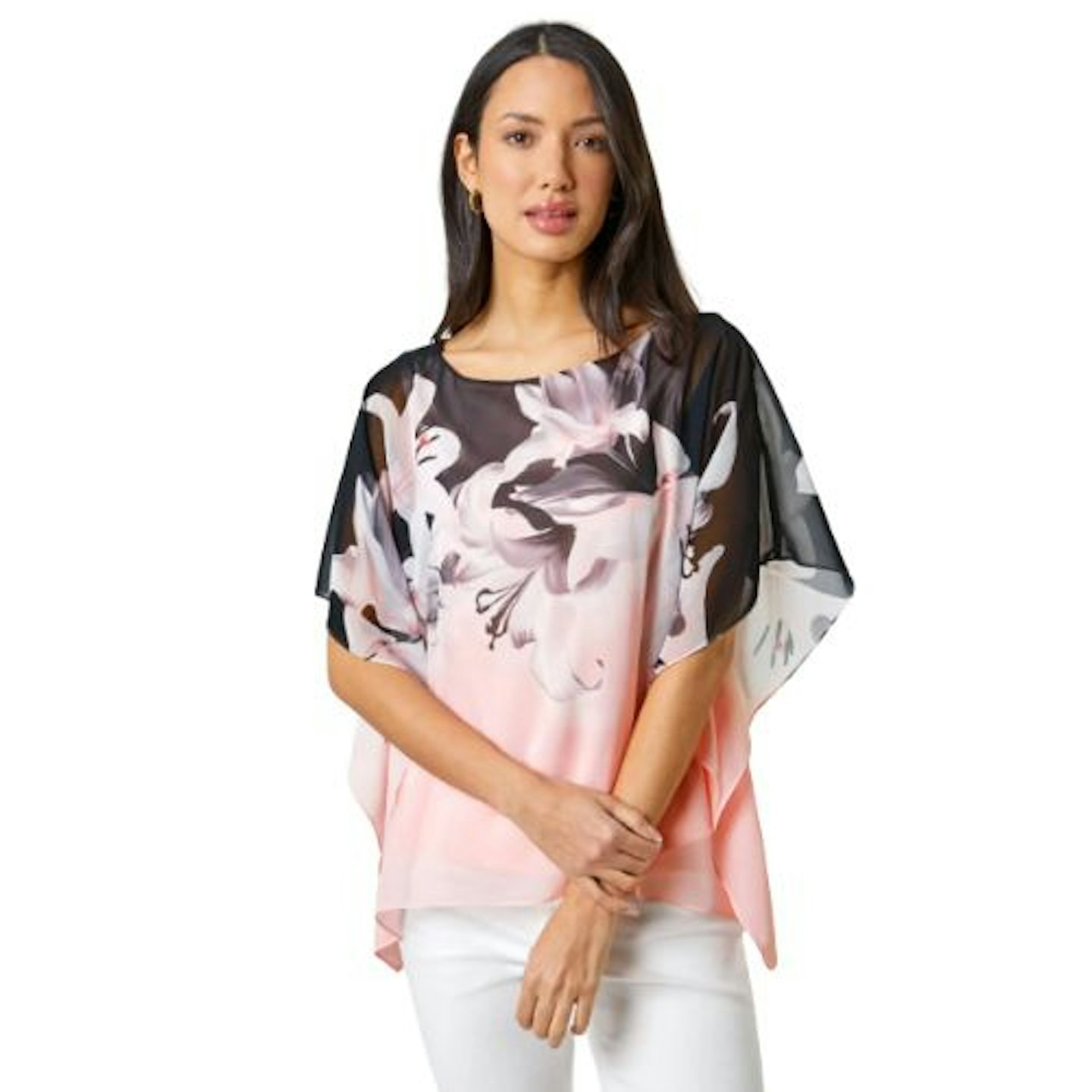 Light Pink Floral Border Print Overlay Top