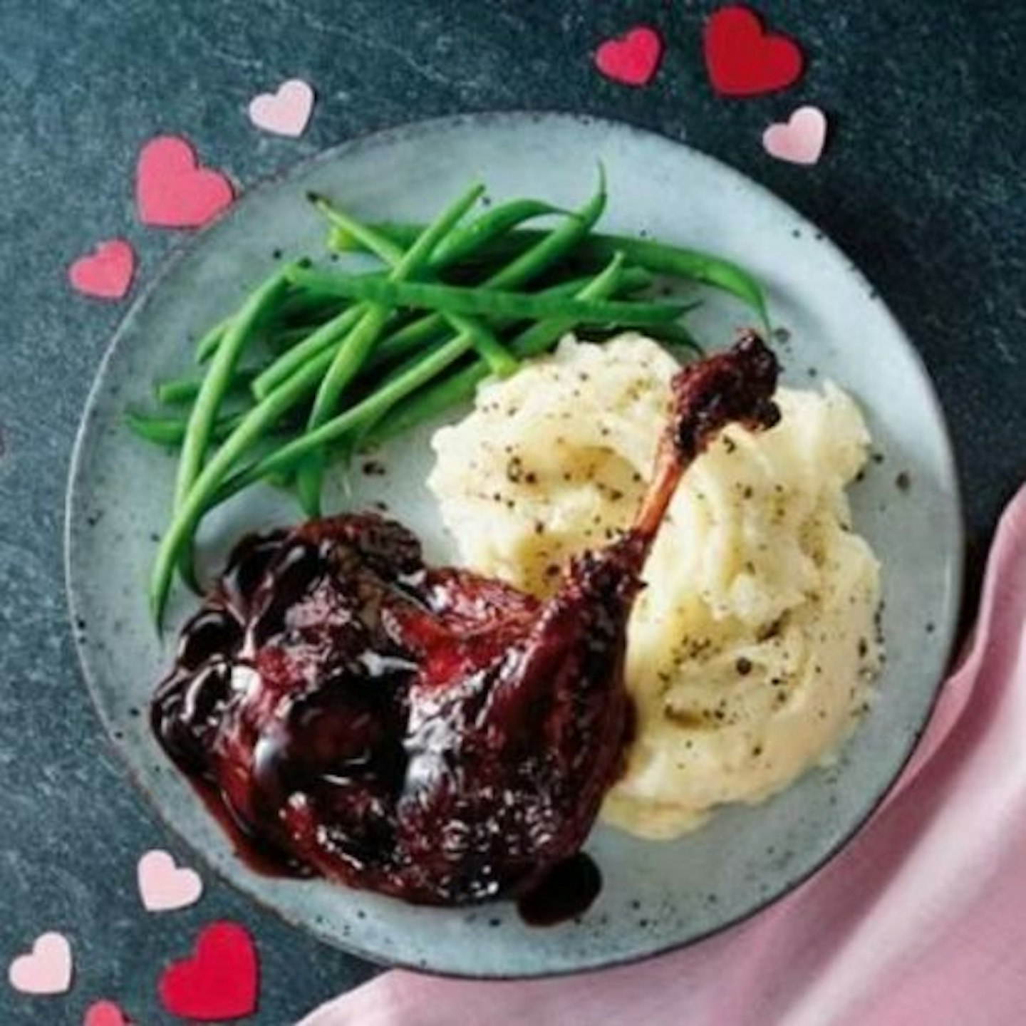 photo of roast duck, mash and green beans from the Sainsbury's Valentine Dine in for Two meal deal