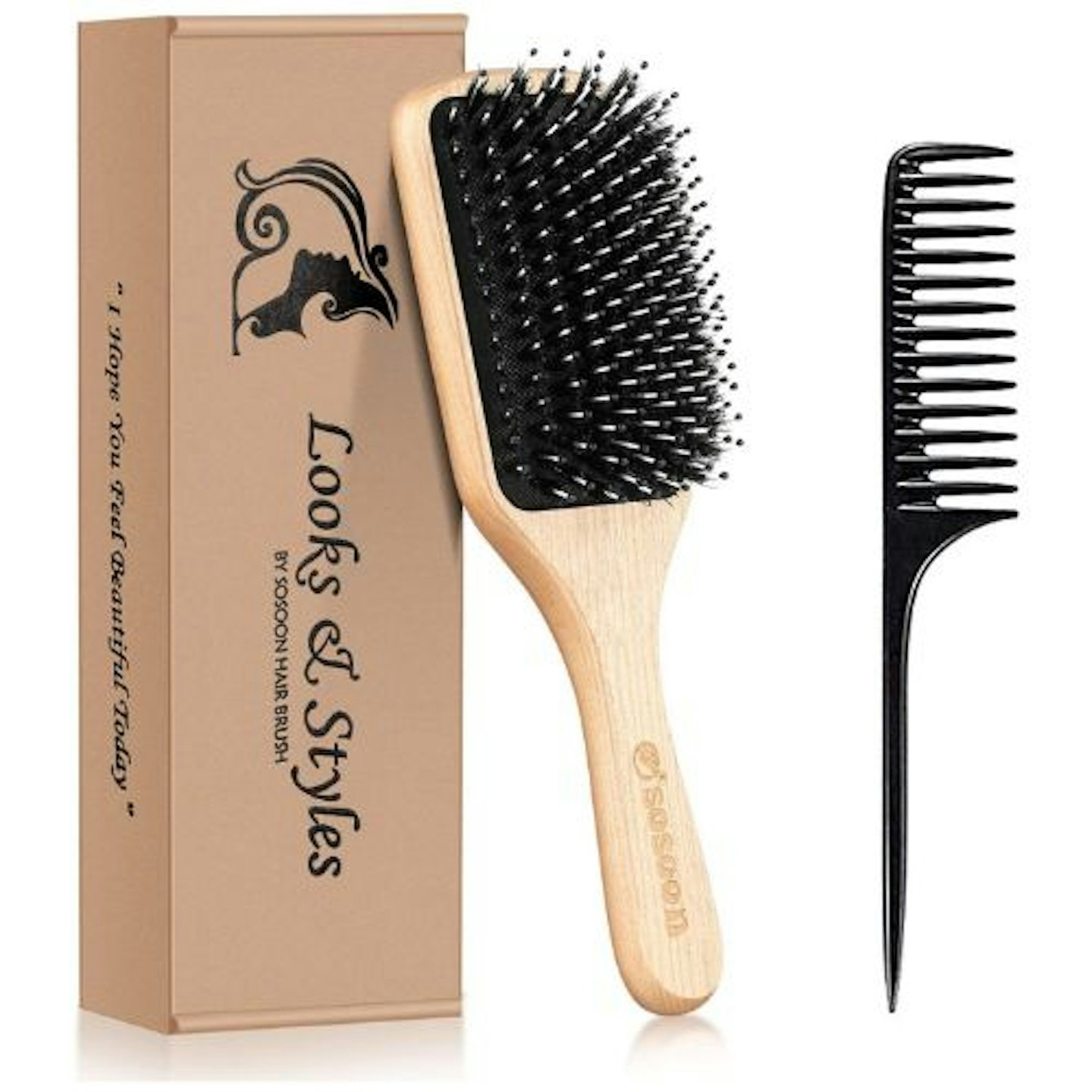 Sosoon Boar Bristle Paddle Hairbrush for Long Thick Curly Wavy Dry or Damaged Hair