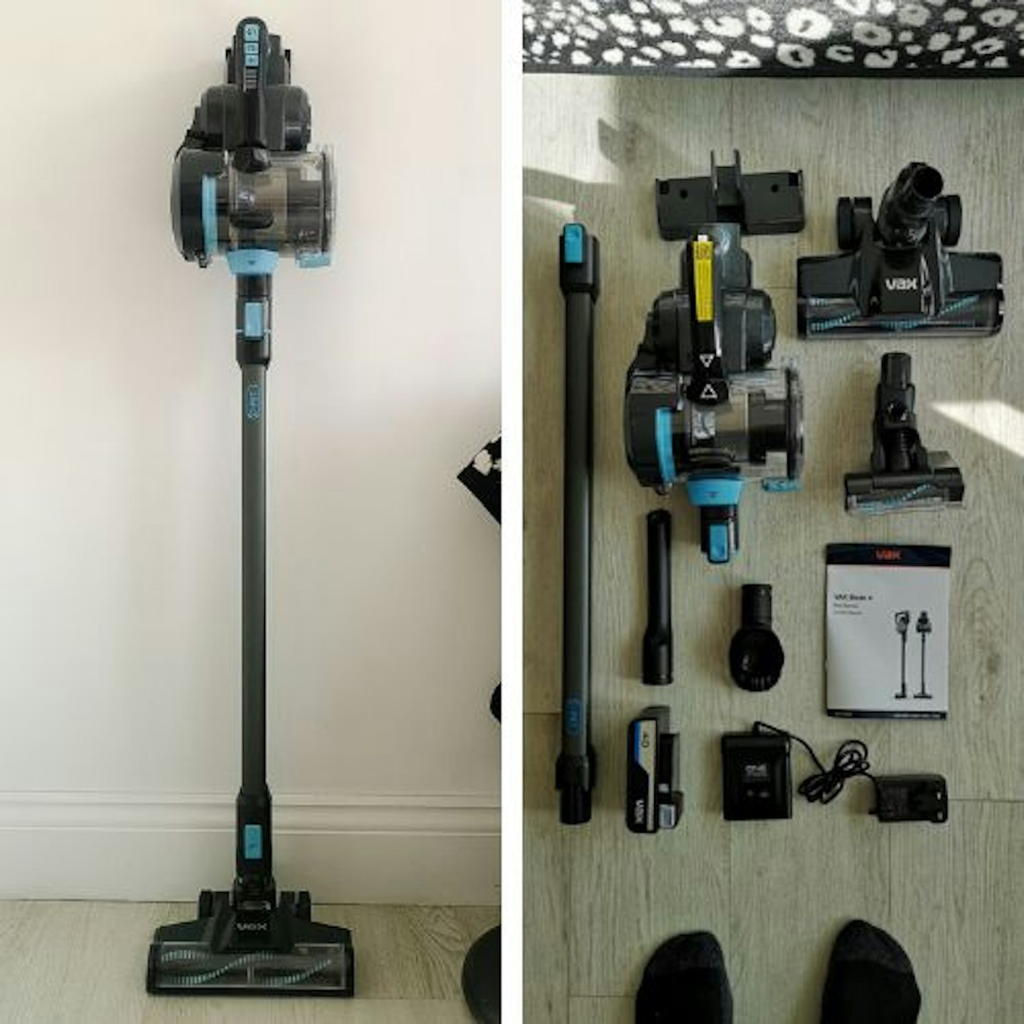 photos of the VAX Blade 4 Pet CLSV-B4KP Cordless Vacuum Cleaner fully assembled and in pieces with tools and charger