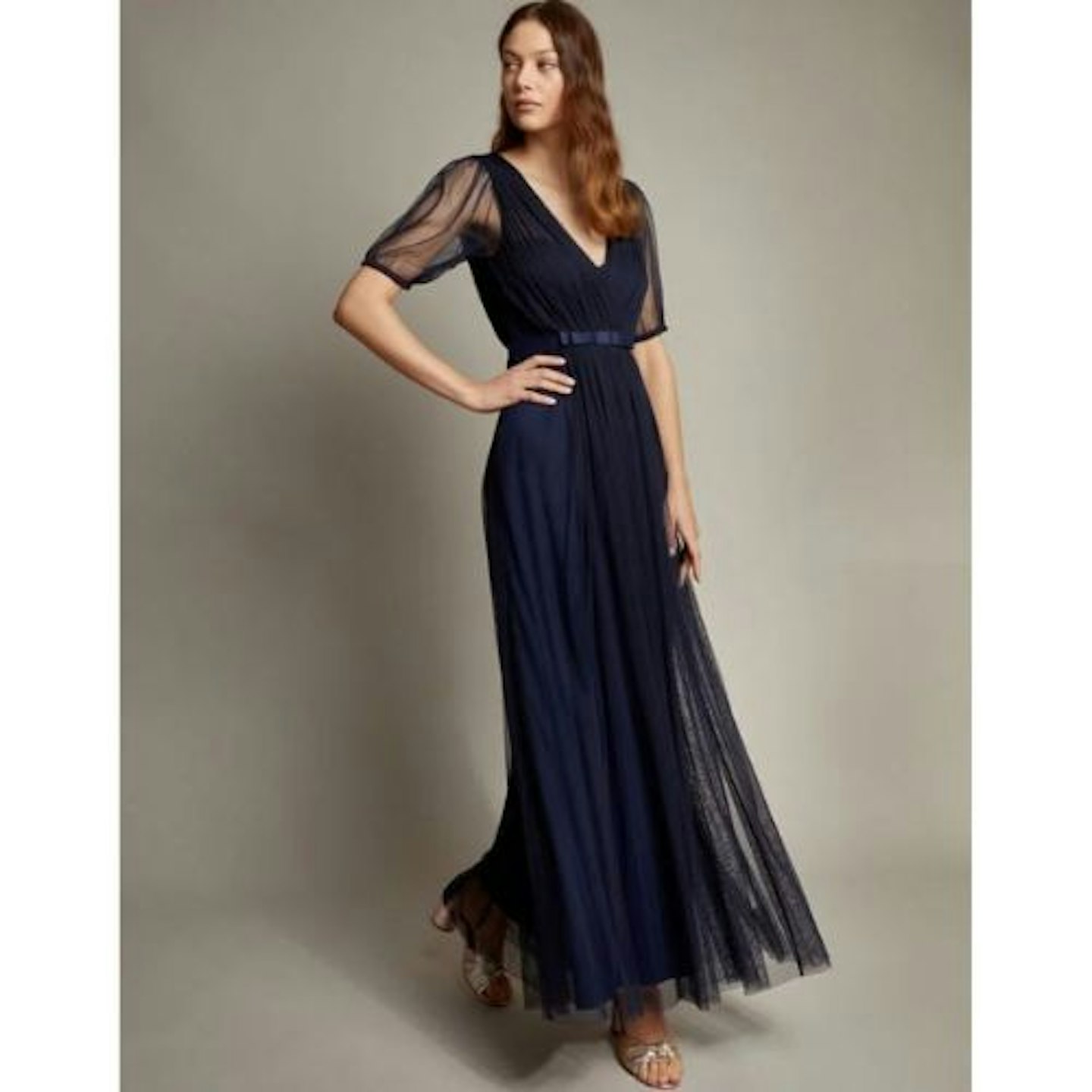 Ellie Sheer Sleeve Plunge Tulle Maxi Dress Blue