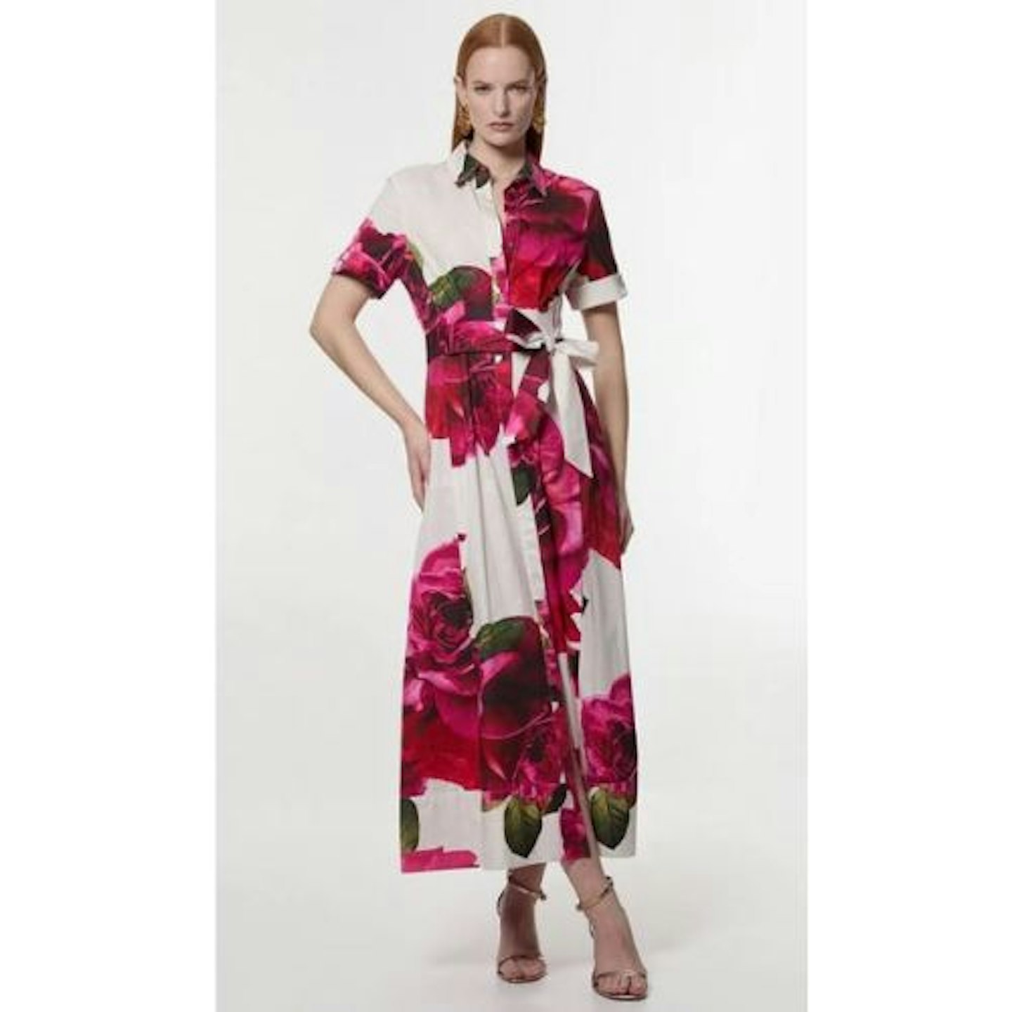 Karen Millen Cotton Sateen Floral Placed Woven Midi Shirt Dress