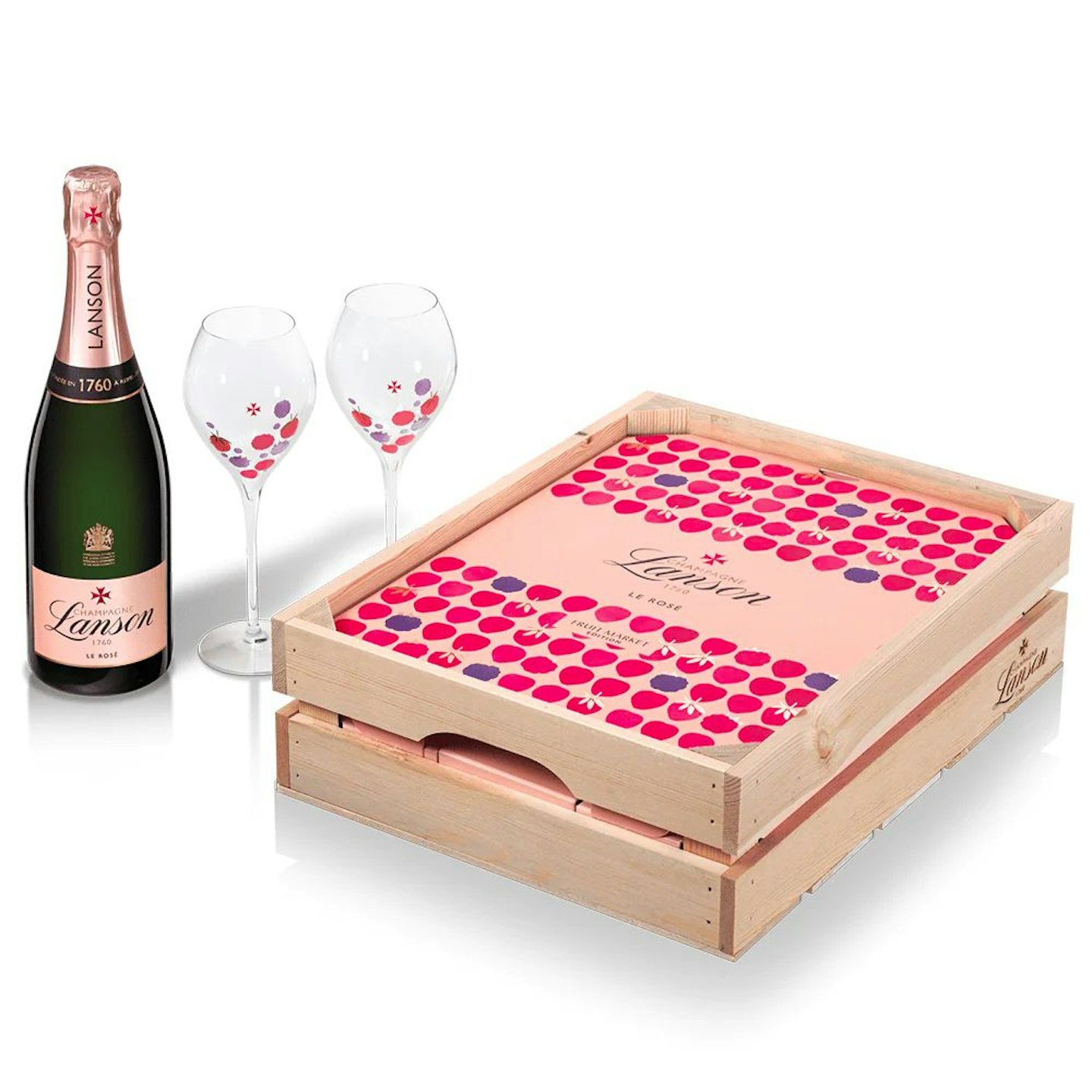 Lanson Rose Champagne Fruit Market Gift Set With 2 Flutes, 75 Cl