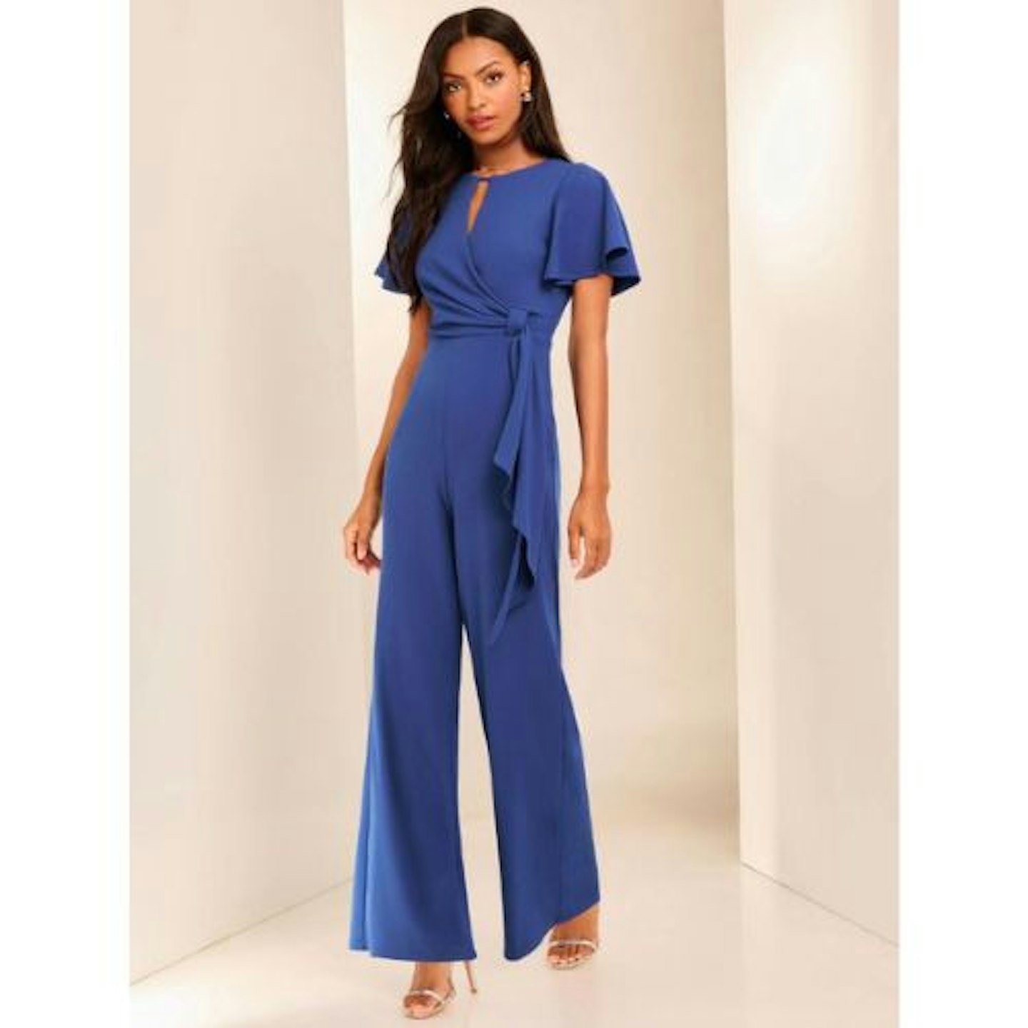 Lipsy Blue Flutter Sleeve Tie Side Wide Leg Jumpsuit