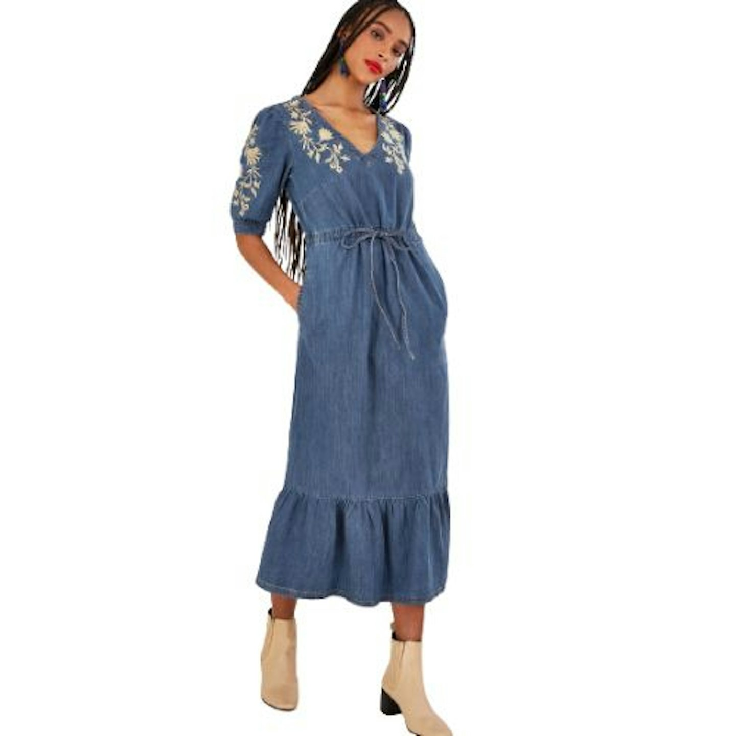 Embroidered Denim Midi V-Neck Dress