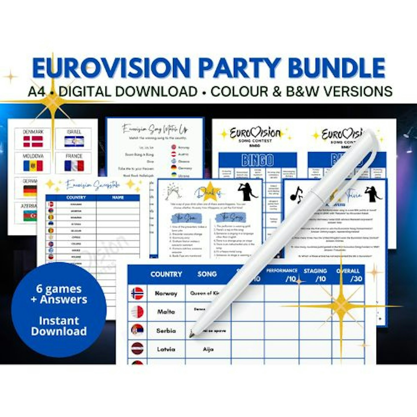 Eurovision Party Games Bundle 2023 | Sweepstake | Trivia | Bingo | Drinking Game | Scorecards | Matchup | Instant Download | Print At Home