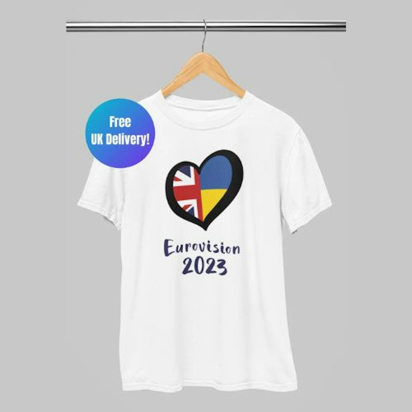 Eurovision tshirt, t-shirt for Eurovision Song Contest, UK and Ukraine heart, Liverpool 2023, gift for Eurovision fan