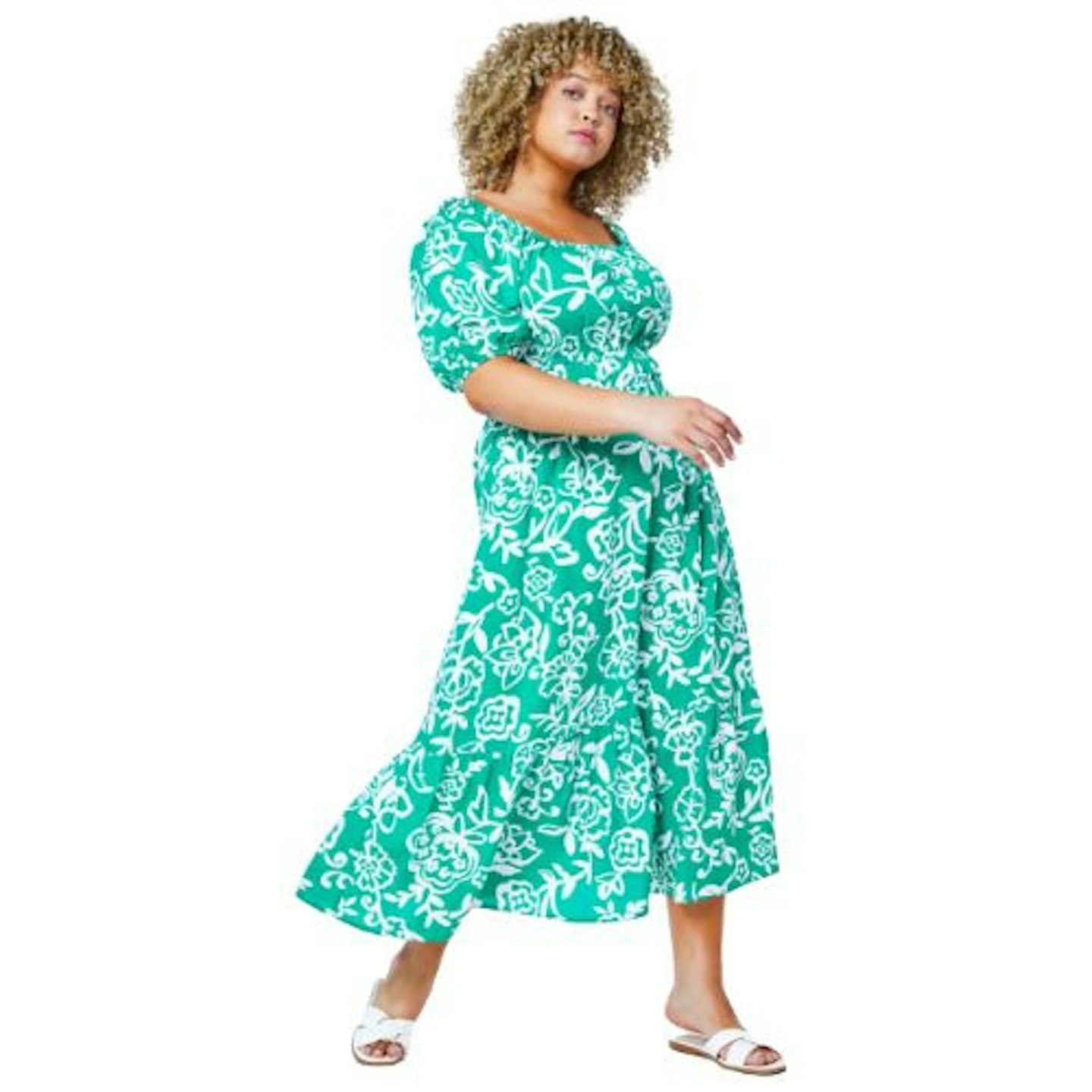 Green Curve Stretch Waist Midi Dress