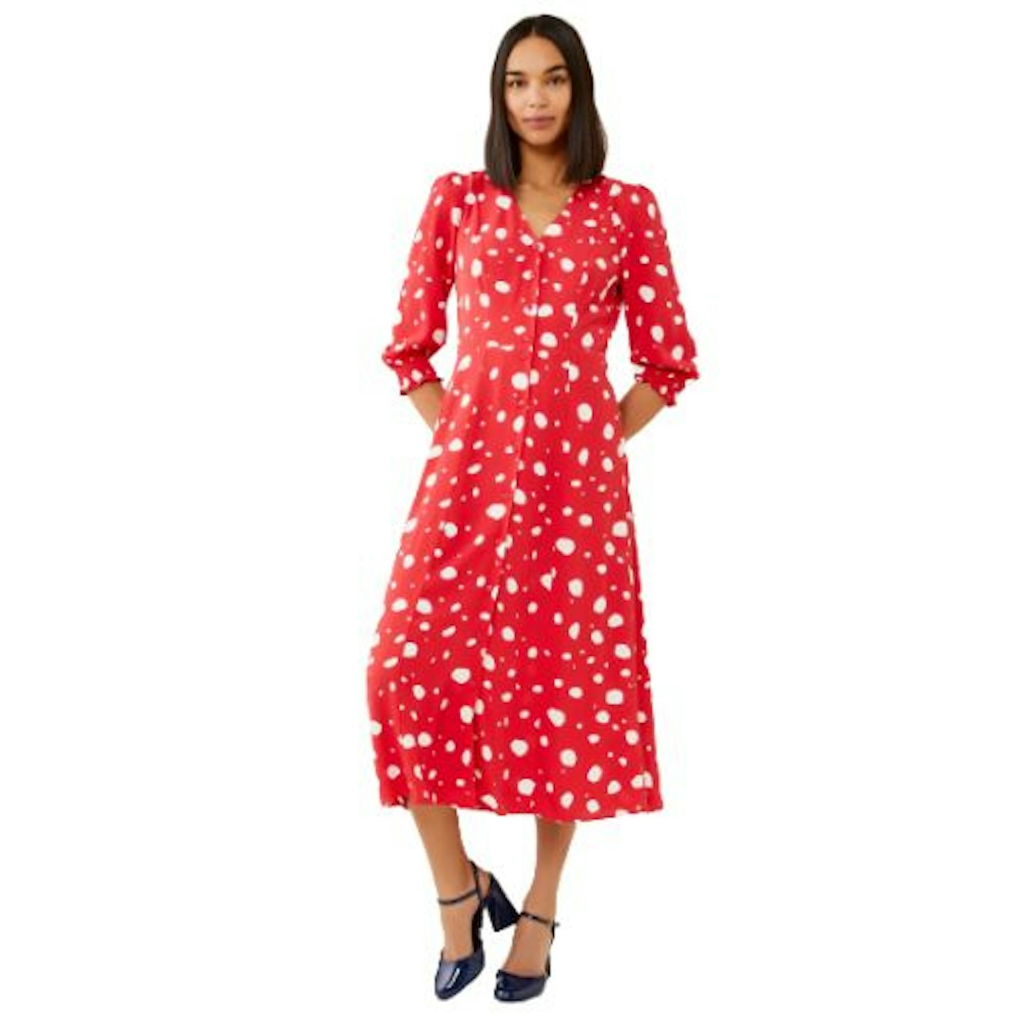 Polka Dot V-Neck Midi Tea Dress