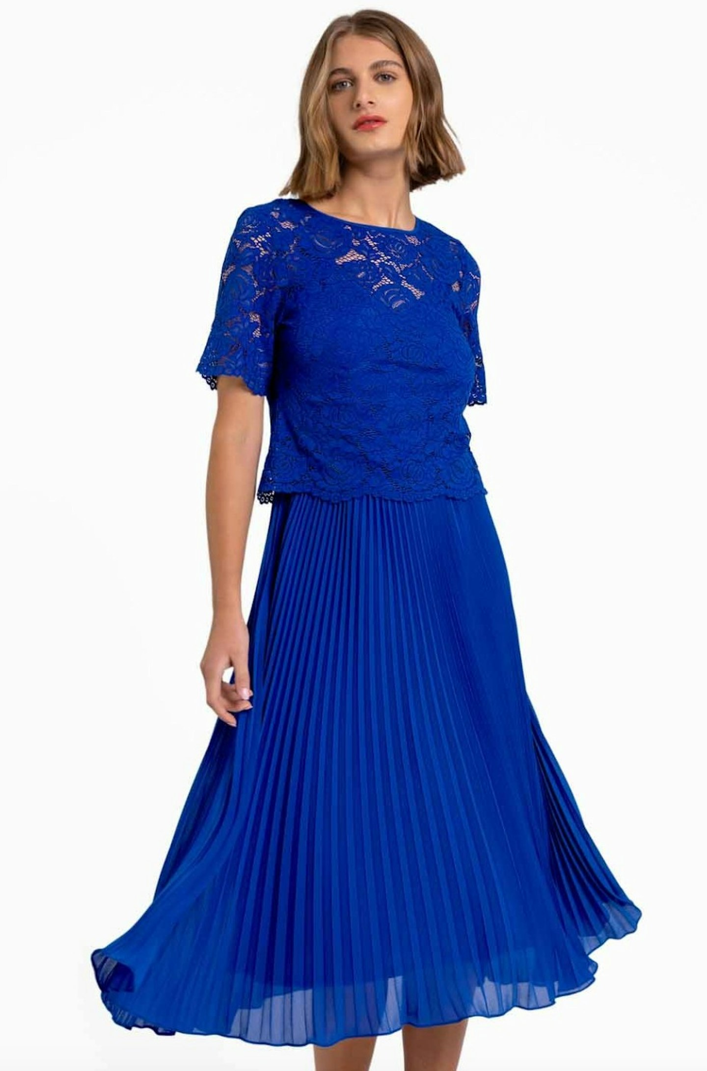 Roman Royal Blue Lace Top Overlay Pleated Midi Dress