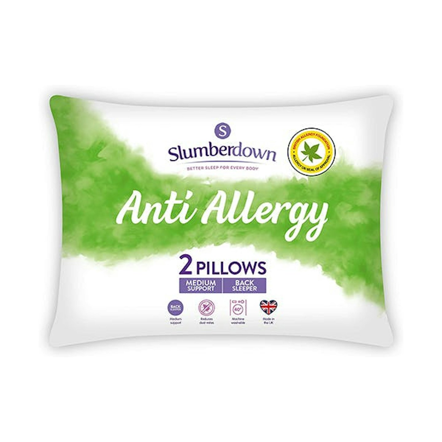 Slumberdown Anti Allergy White Pillows 2 Pack Medium Support Bed Pillows