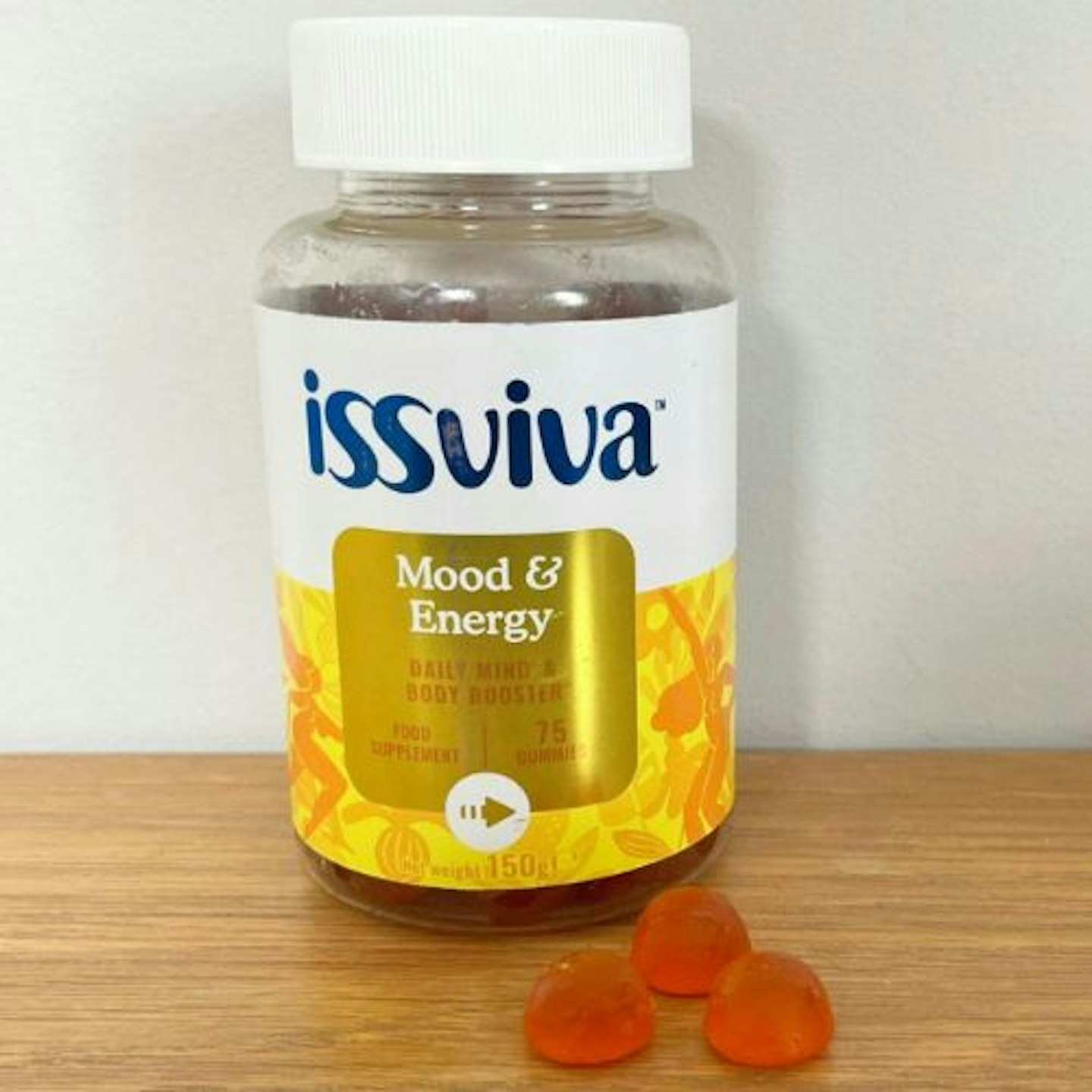 photo of Issviva Gummies for Mood and Energy Menopause & Perimenopause Supplements, gummies on a wooden tabletop