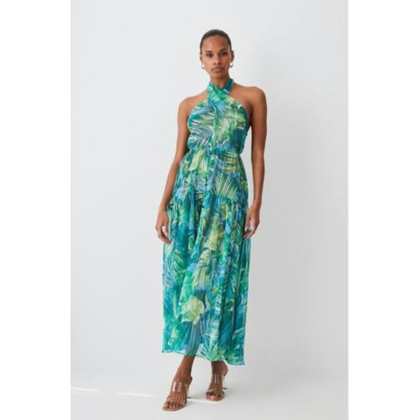 Petite Tropical Printed Halter Woven Beach Maxi Dress