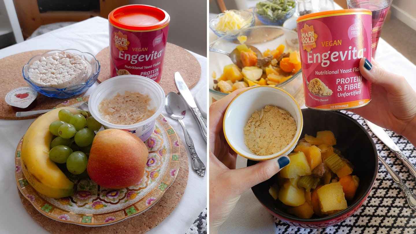 two photos showing how Marigold Engevita Nutritional Yeast can be incorporated into meals: a healthy breakfast with fresh fruit, yoghurt and crackers and a homemade vegetable casserole