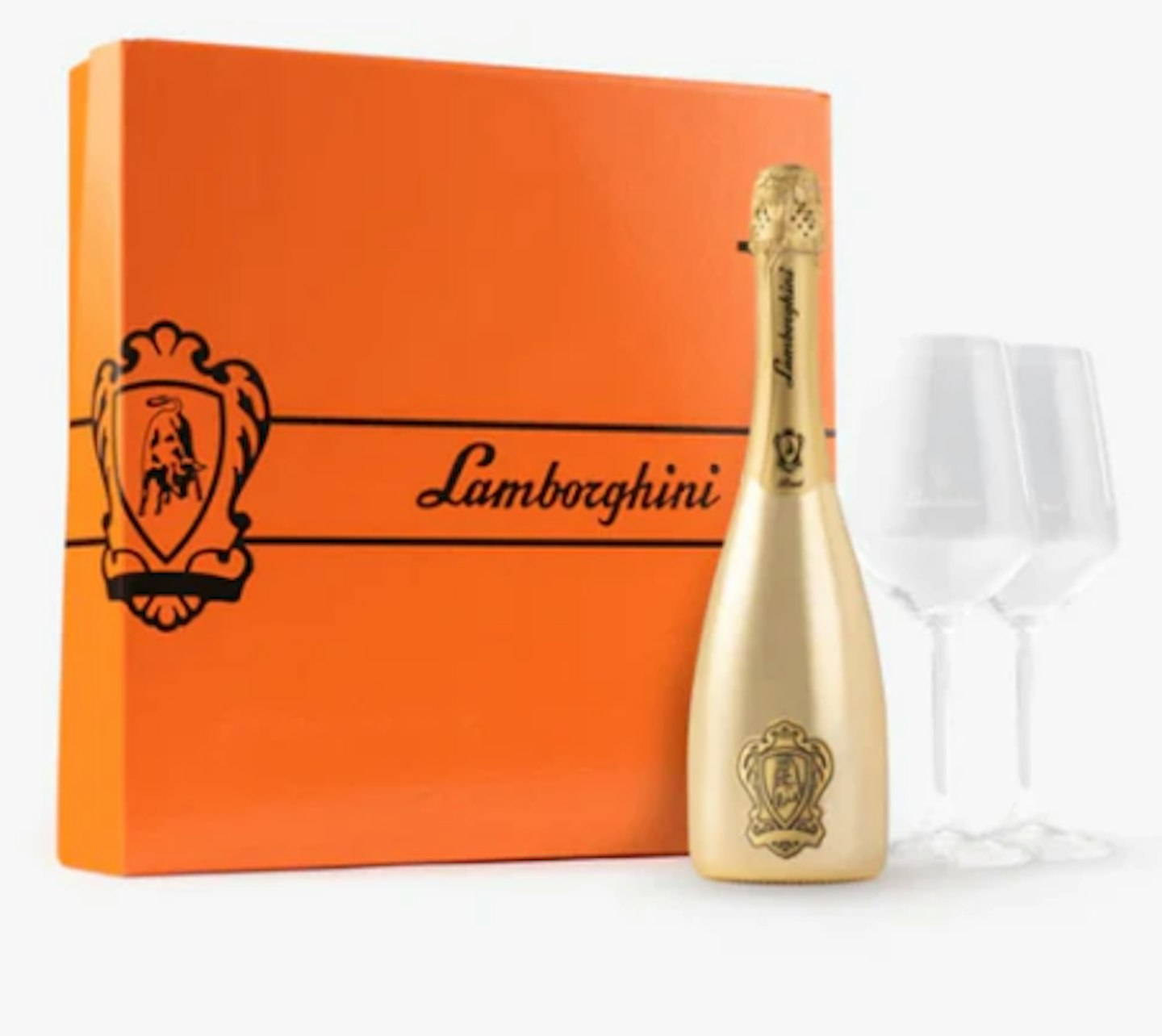 Lamborghini Gold Brut Sparkling Wine Gift Set with two Crystal Glasses