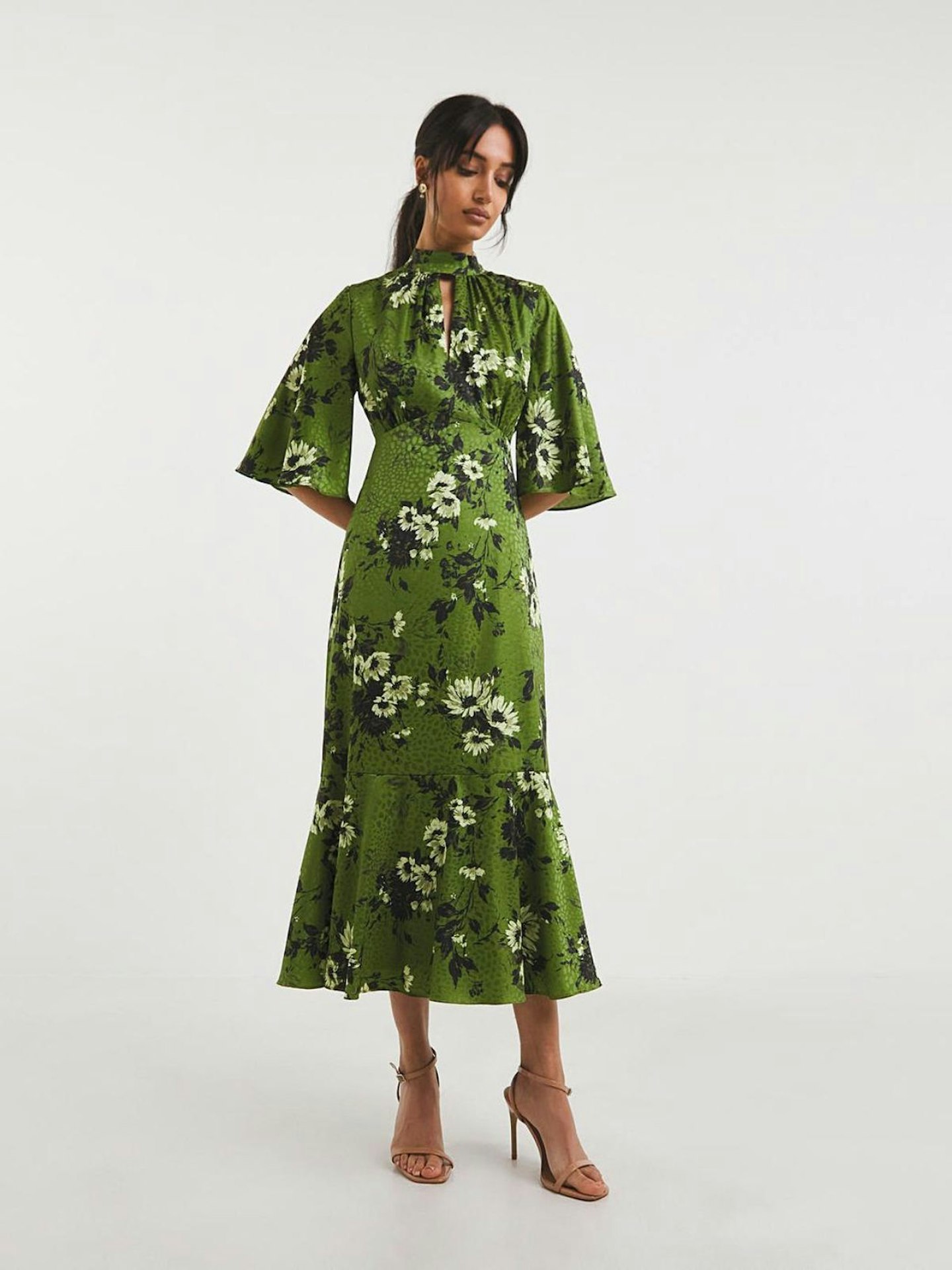 Joanna Hope Satin Jacquard Green Floral Keyhole Maxi Dress
