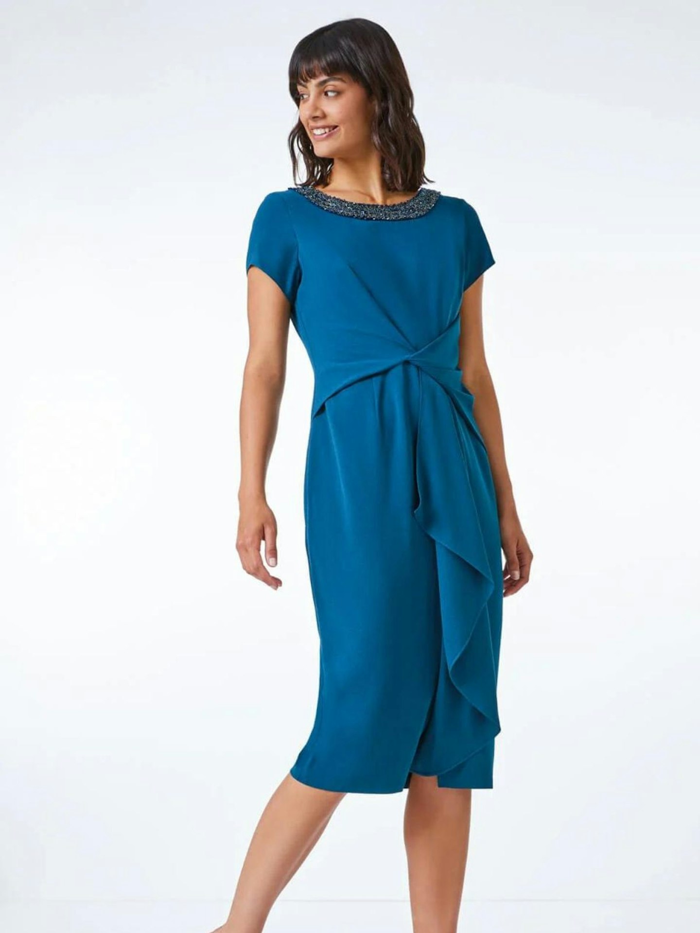 Roman Teal Embellished Twist Waist Stretch Dress