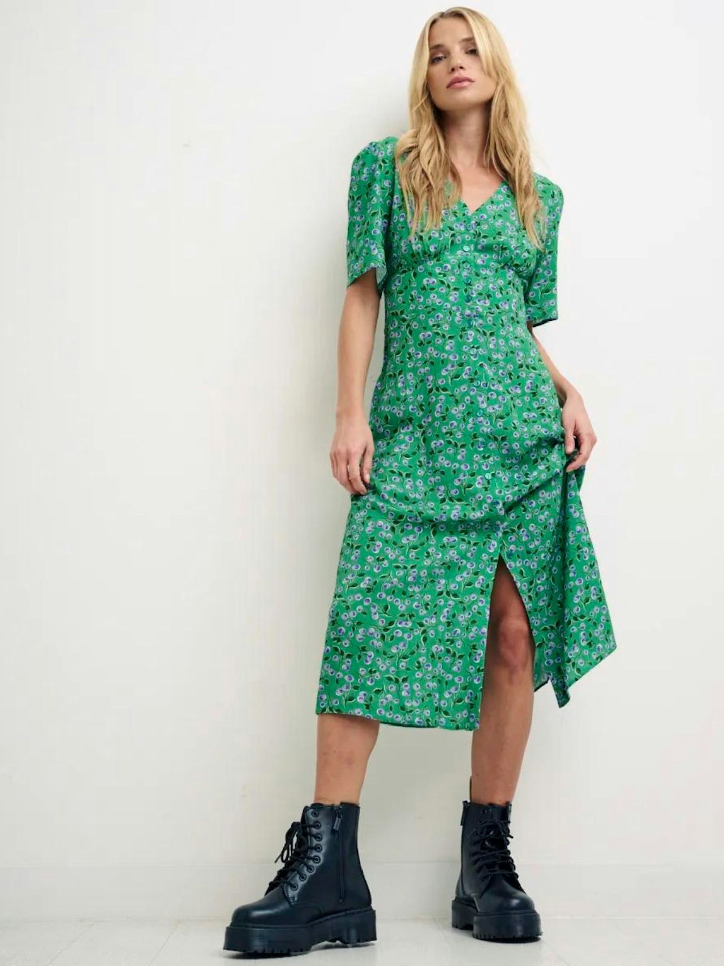 Cherry Print Alex Shirring Midi Dress