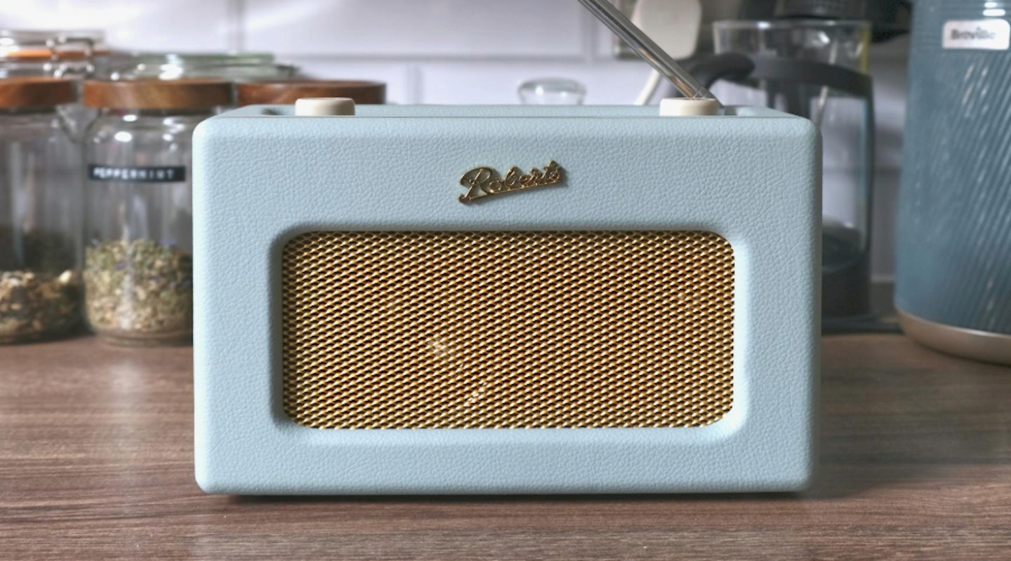 Roberts Revival RD70 front view in kitchen. Best portable radio. Best battery powered portable radio.