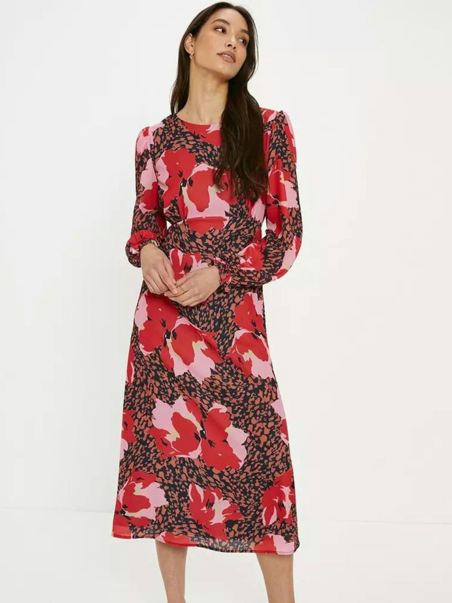 Oasis Petite Long Sleeve Printed Midi Tea Dress