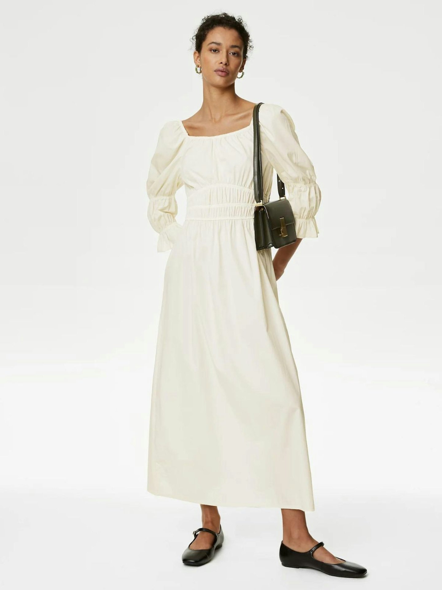 Pure Cotton Square Neck Midi Waisted Dress