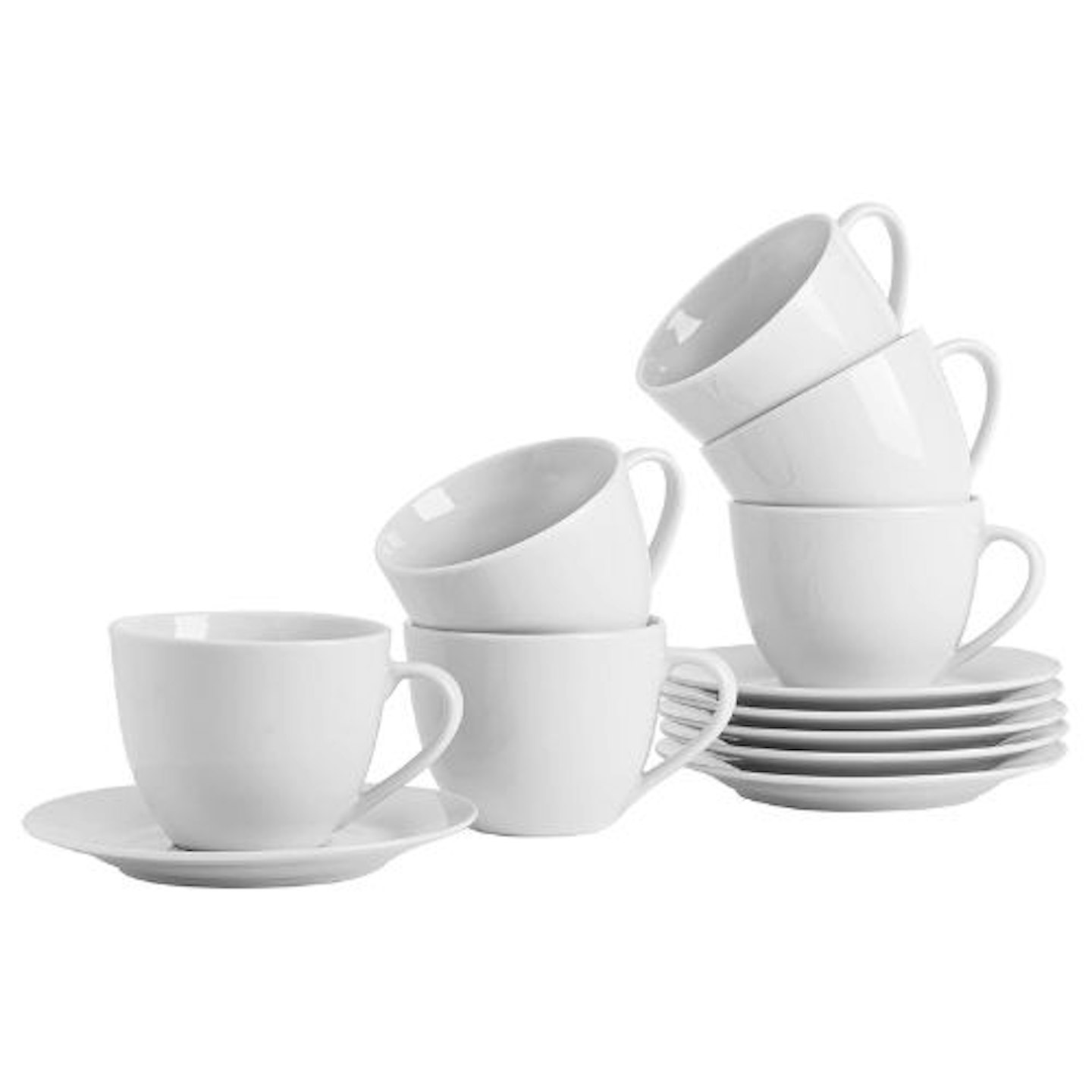Argon Tableware 6x White Large Cappuccino Coffee Cup & Saucer Set - Cup 320ml (11oz) Saucer 14.5cm - Tea Coffee Latte Saucers Kitchen Set - Dishwasher and Microwave Safe