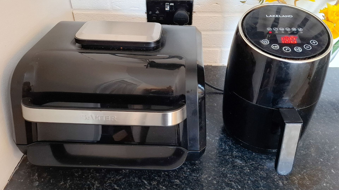 Budget air fryers from Salter and Lakeland on a kitchen worktop