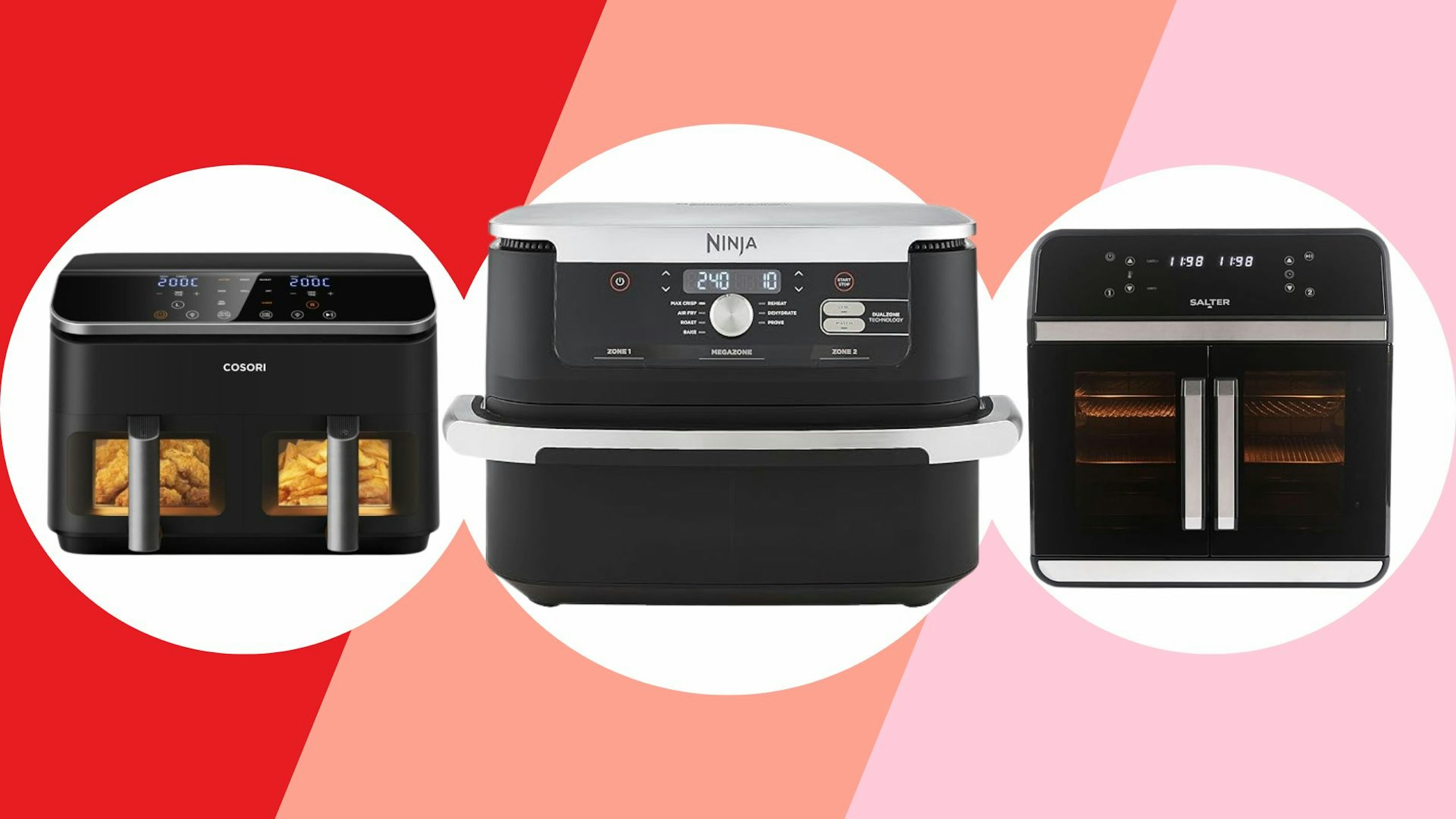 Ninja, Salter and COSORI dual drawer air fryers on a high contrast diagonal stripe background