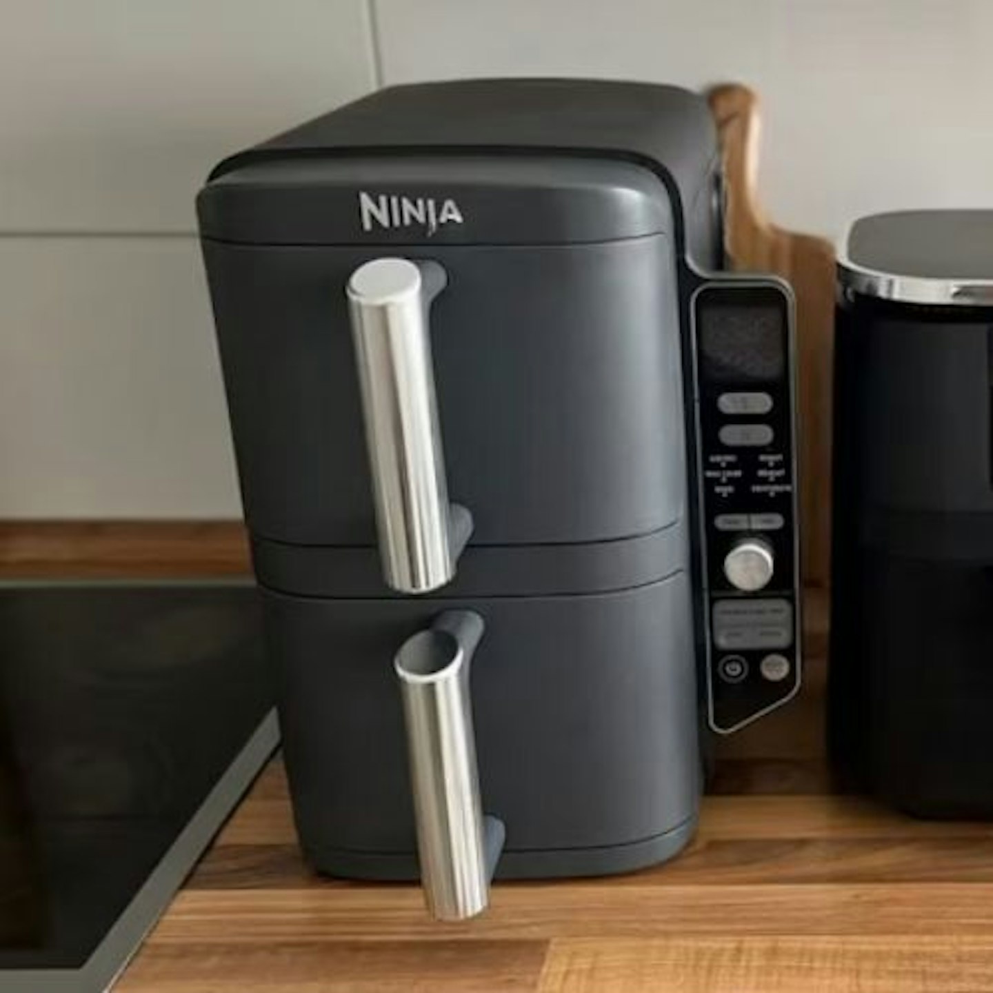 photo of Ninja Double Stack XL Air Fryer on a wooden kitchen countertop