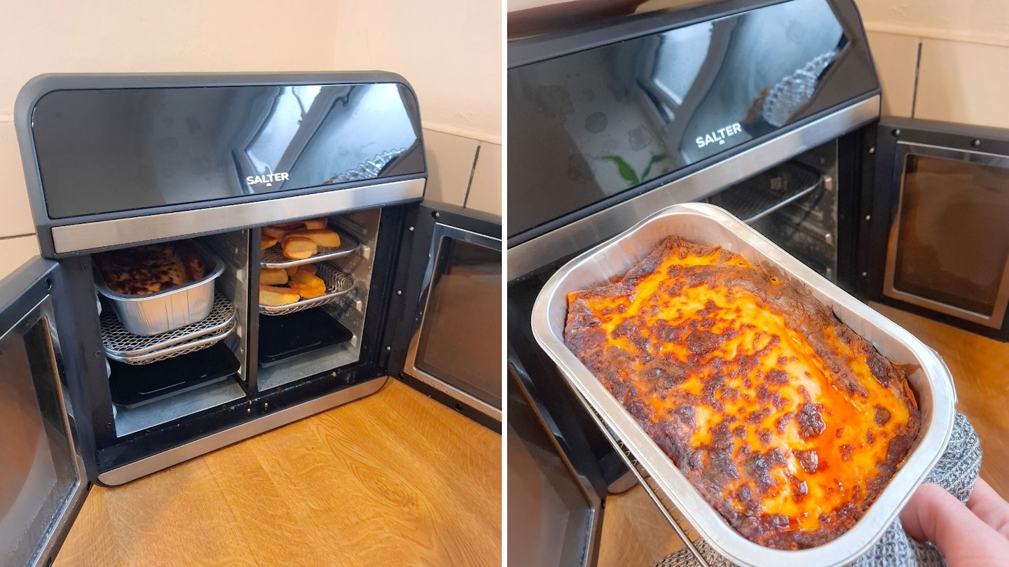 Cooking lasagne and chips in the Salter French-Door Style Air Fryer Oven