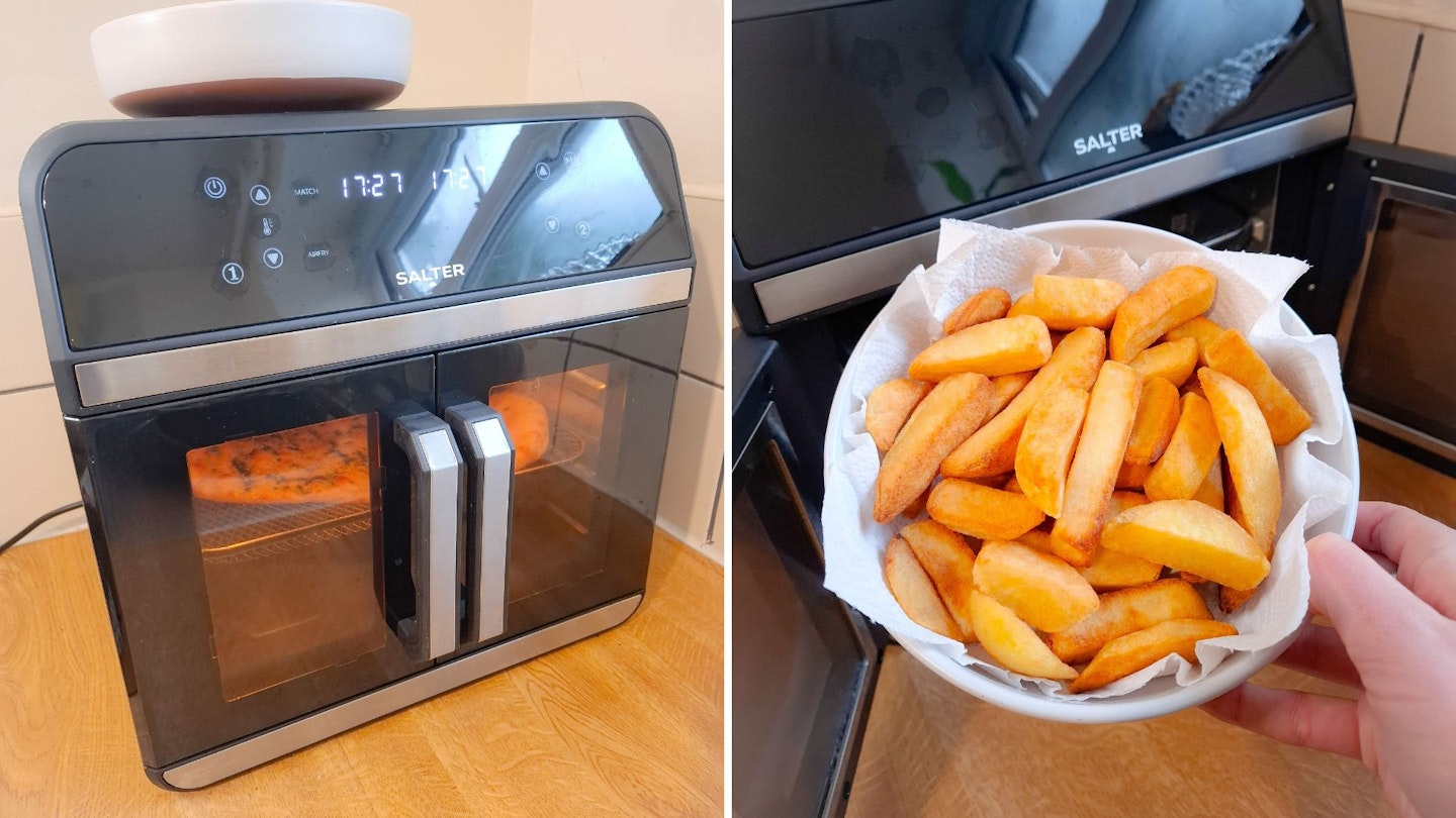 Salter Air Fryer Oven with French doors, cooking a large garlic flatbread and a bowl of chunky chips