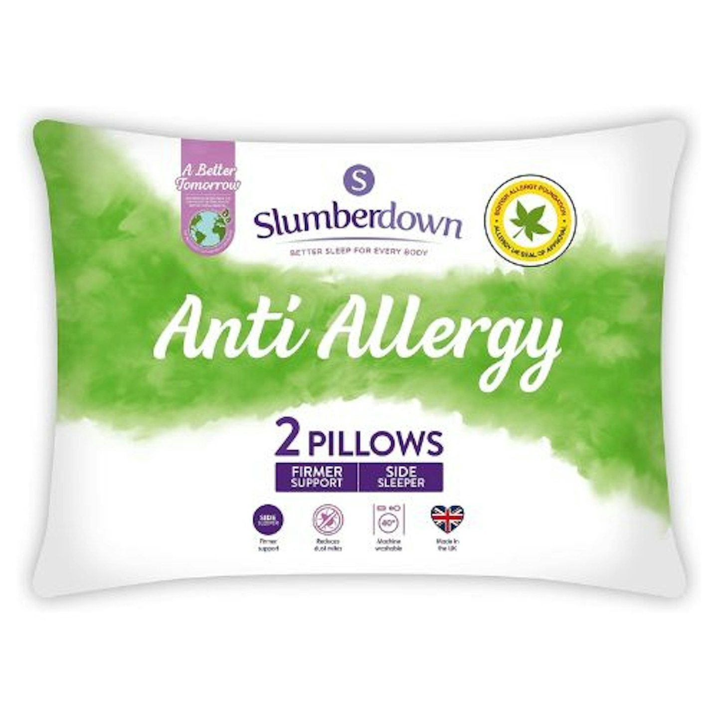 Slumberdown Anti Allergy Pillows 2 Pack - Soft Support Front Sleeper Pillows for Neck Pain Relief - Anti Bacterial, Comfortable, Hypoallergenic, UK Standard...