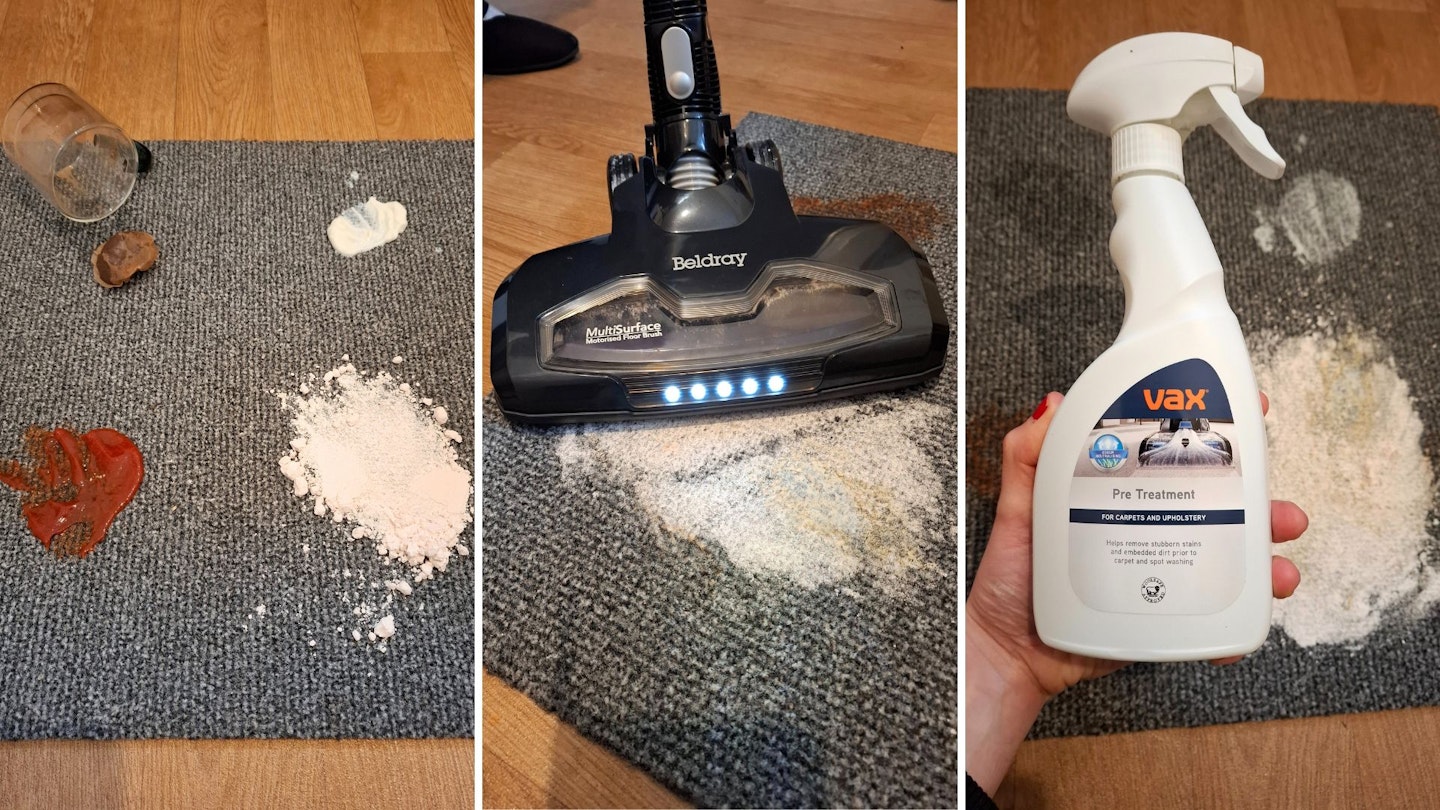 Stain test on a carpet tile. Ketchup, tea, yoghurt and custard powder. Removing the excess powder with a vacuum cleaner. Apply a Vax pre-treatment spray to the stains.