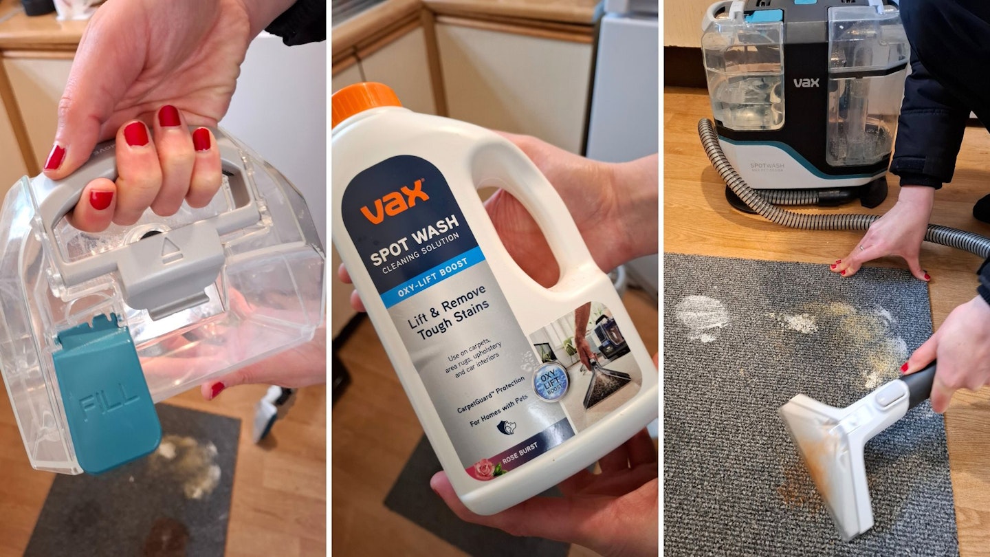 Fill the clean water tank of the spot cleaner and add some Vax Oxy-Lift Boost cleaning solution. Use the wide angle tool to remove the stains.