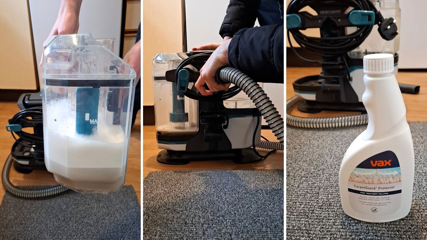 Use the self-cleaning function on a spot cleaner to empty the water tank and clean the hose. Apply a post treatment to protect the carpet against future stains.