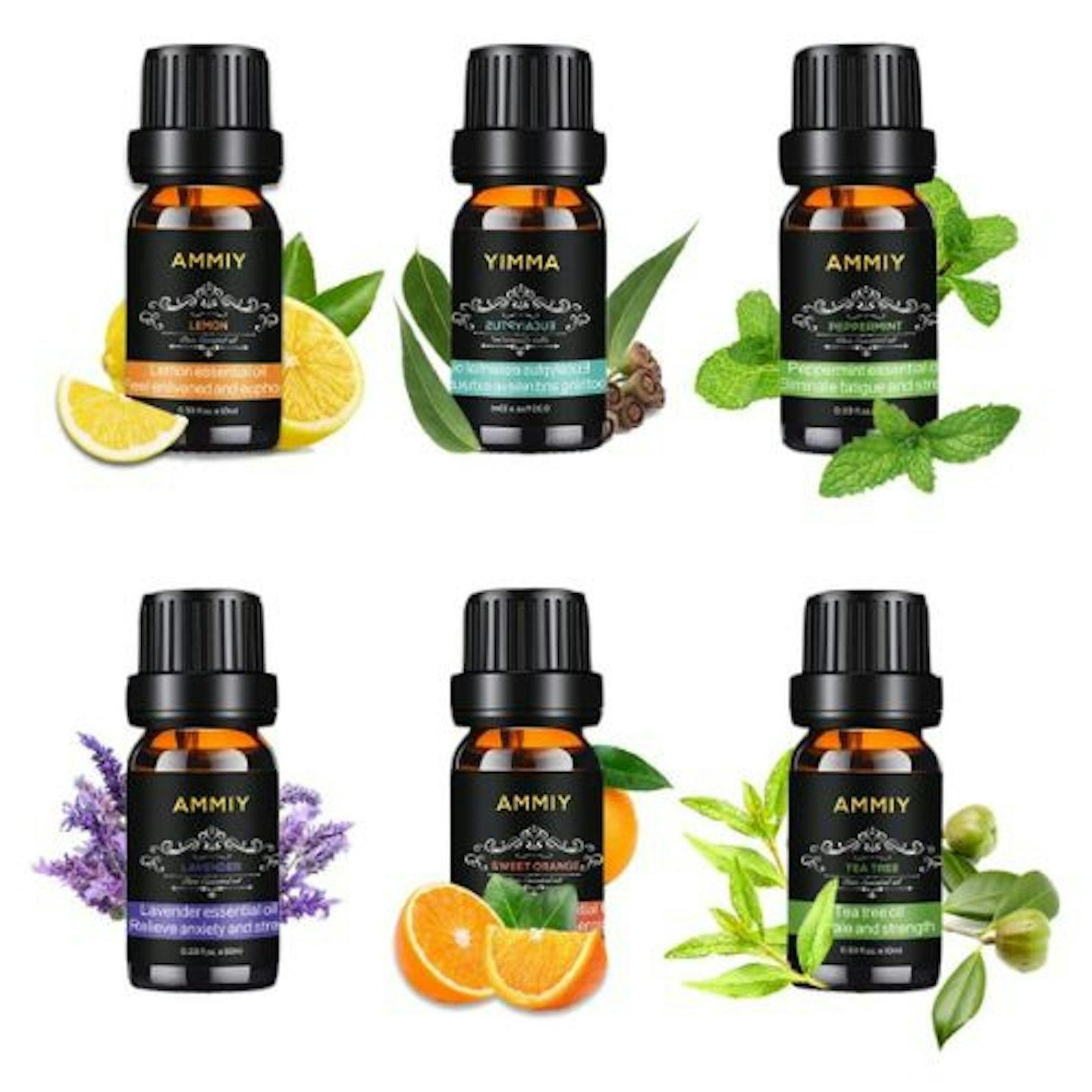 AMMIY Essential Oils Set of 6 x 10ml for Aromatherapy Bath Spa Diffuser Fragrance Relaxing Scent, Pure, Natural, Vegan Oils Including Eucalyptus, Lemon,...