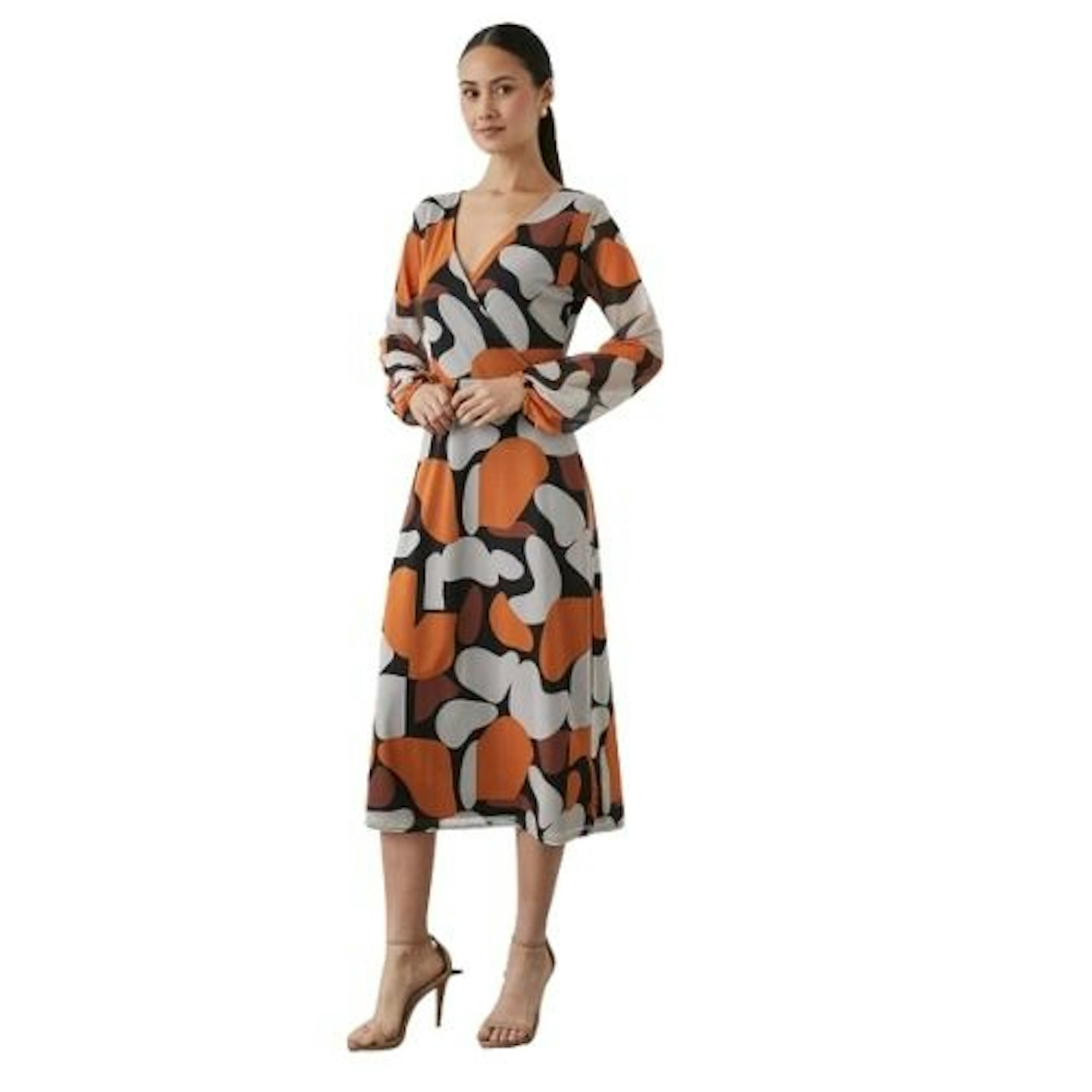 Principles Orange Abstract Mesh Wrap Midi Dress