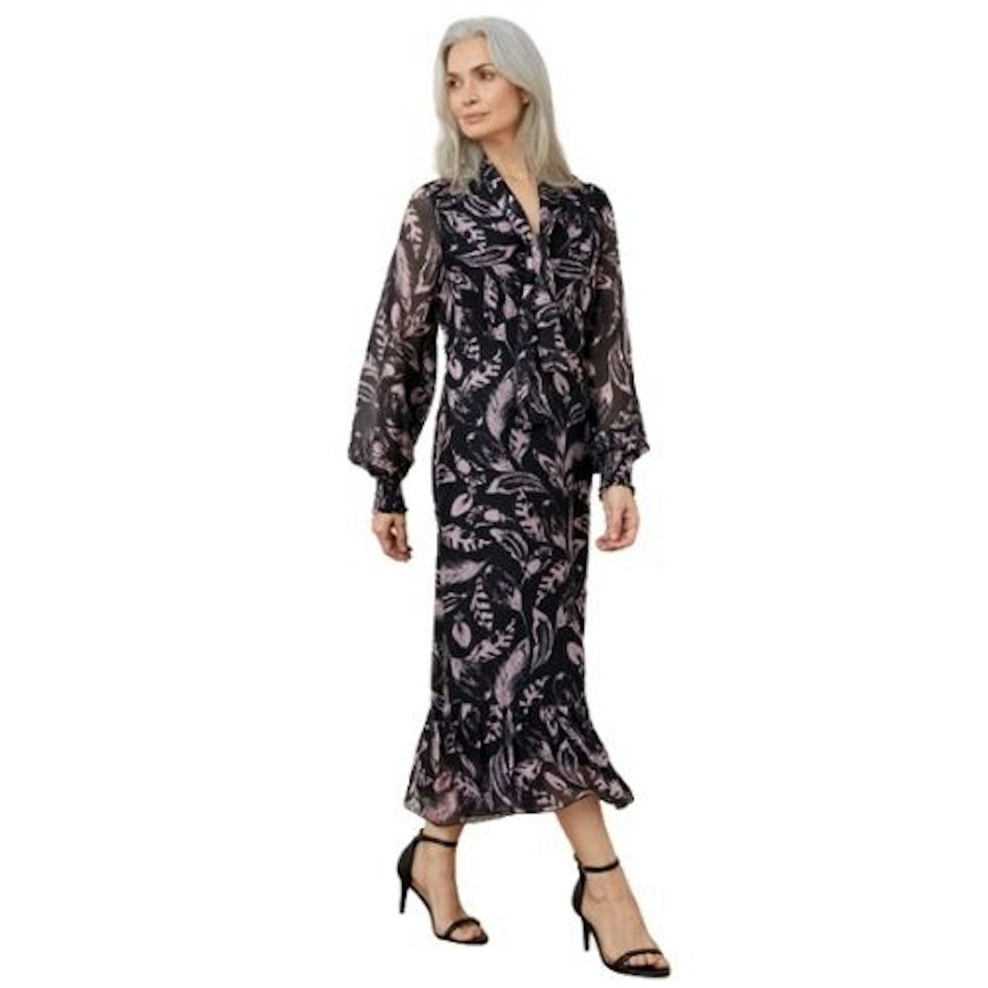 Silk Mix Feather Print Tie Neck Midi Dress