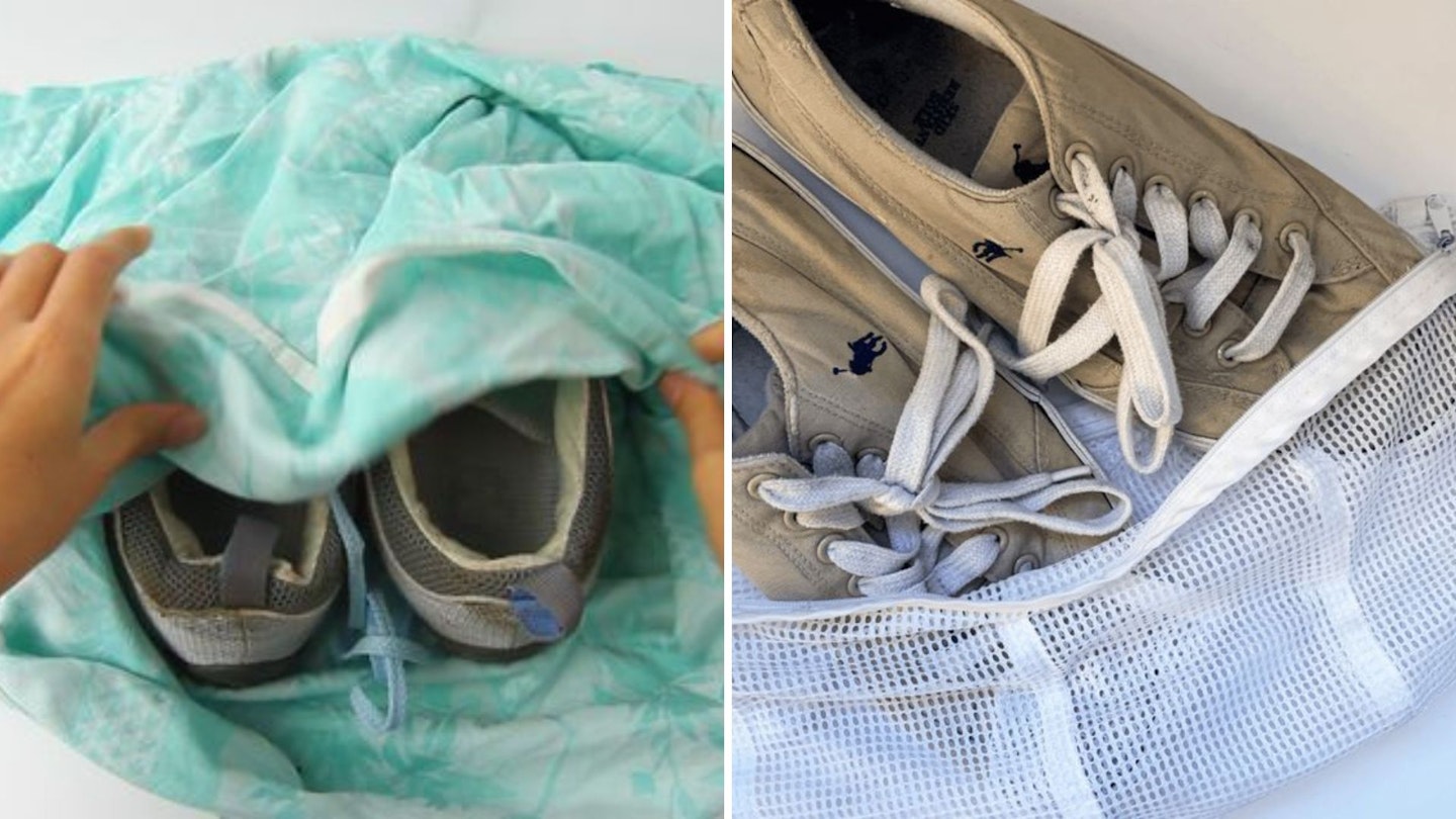 Shoes in pillowcase or mesh washing bag