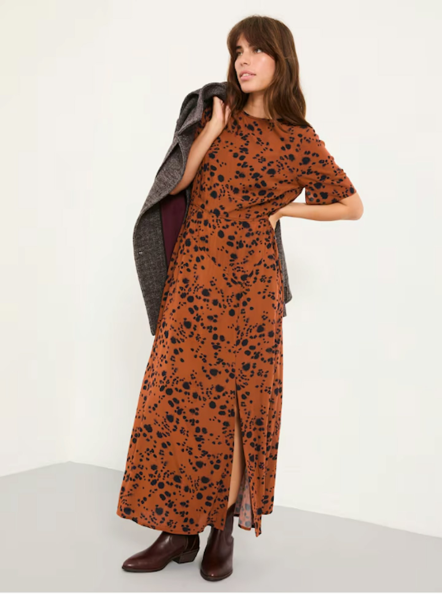 fat face brown dress Fat Face coral print midi dress 8 – The Wardrobe